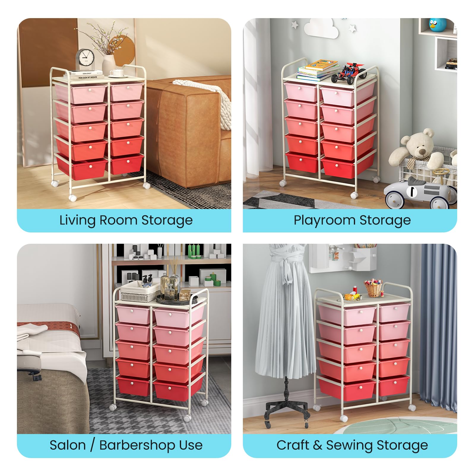 Giantex 10-Drawer Rolling Storage Cart with Wheels - Mobile Organizer for Classroom, Office, Home & School - Perfect for Teacher Supplies, Craft Tools, Art Paper & Stationery - Pink Gradient Design - Ideal for Organizing, Decluttering & Workspace Efficiency