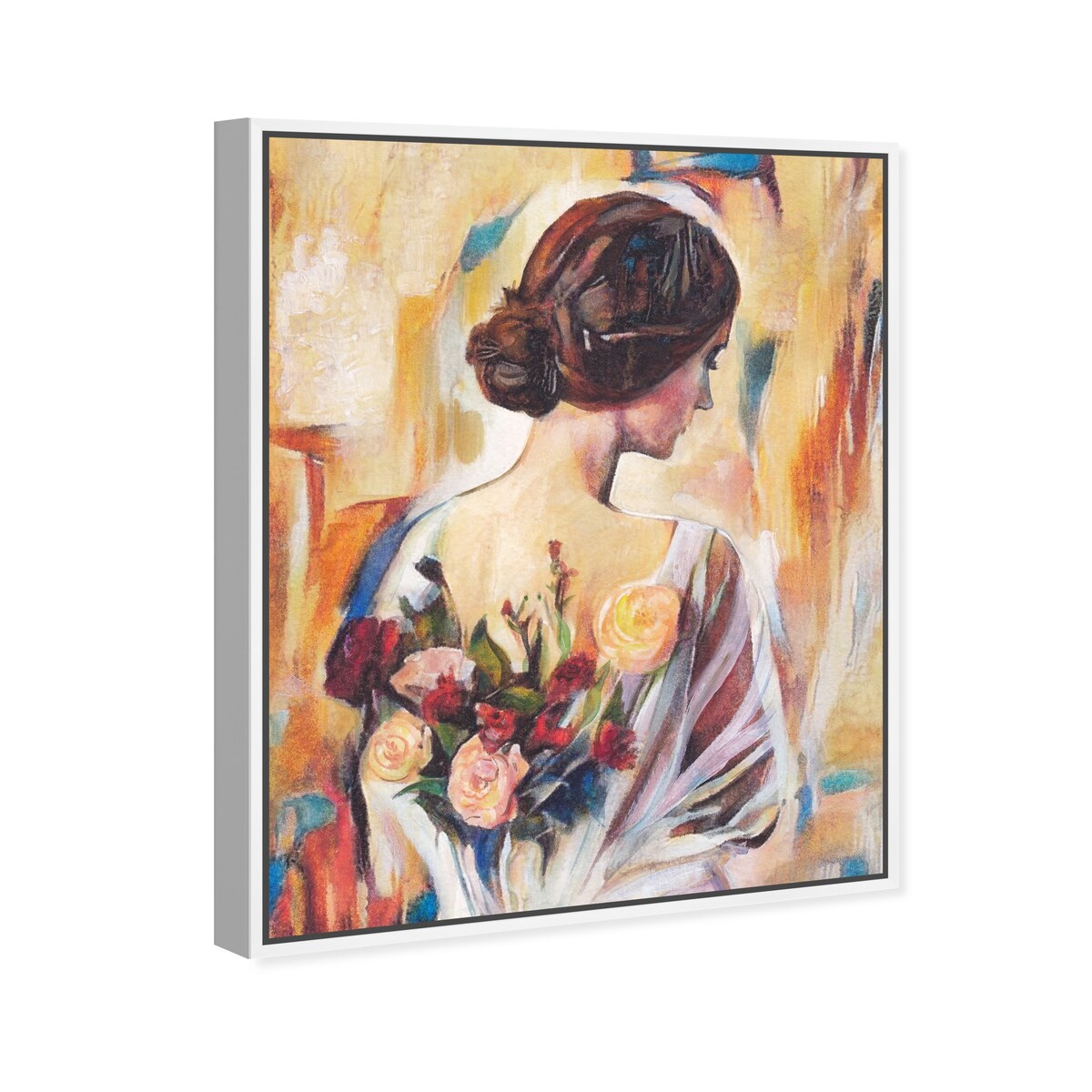 Modern White Framed Canvas Wall Art Print - Floral Back and Flowers Design for Women, Elegant Home Decor for Bedroom, Living Room & Office