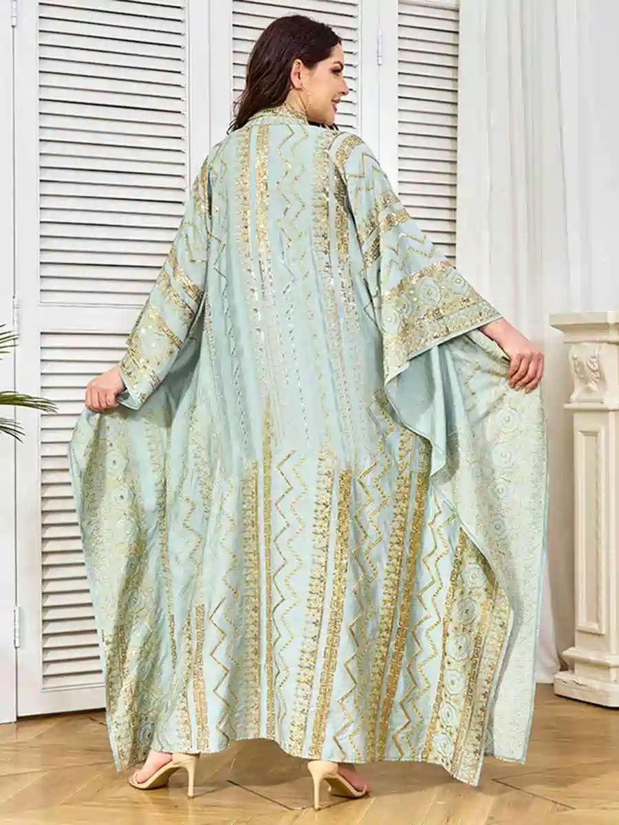 Elegant Eid Sequins Embroidered Batwing Sleeve Farasha Kaftan Dress for Women - Perfect for Eid Celebrations, Parties, and Special Occasions