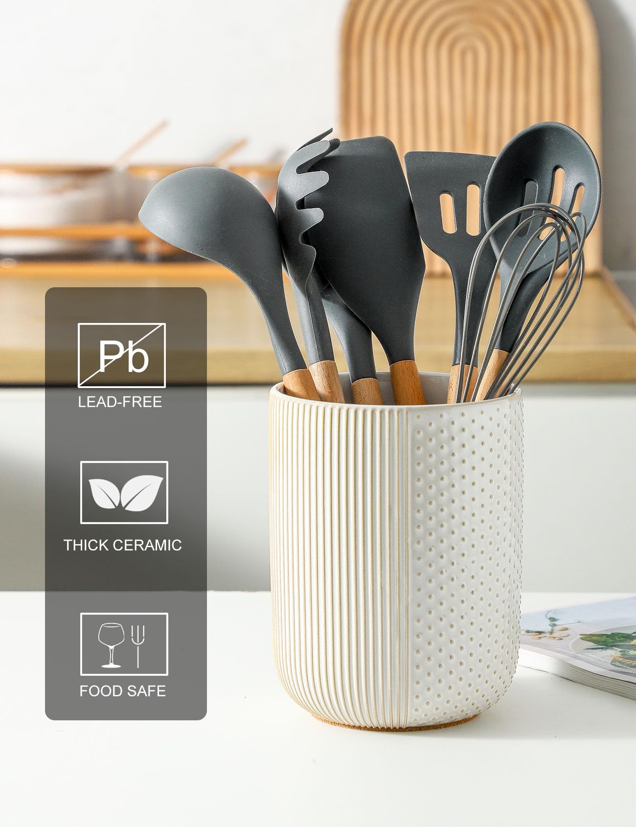 White Ceramic Kitchen Utensil Holder with Cork Mat - Countertop Organizer for Spatulas, Spoons & Cooking Tools - Perfect for Modern Kitchens & Home Cooking