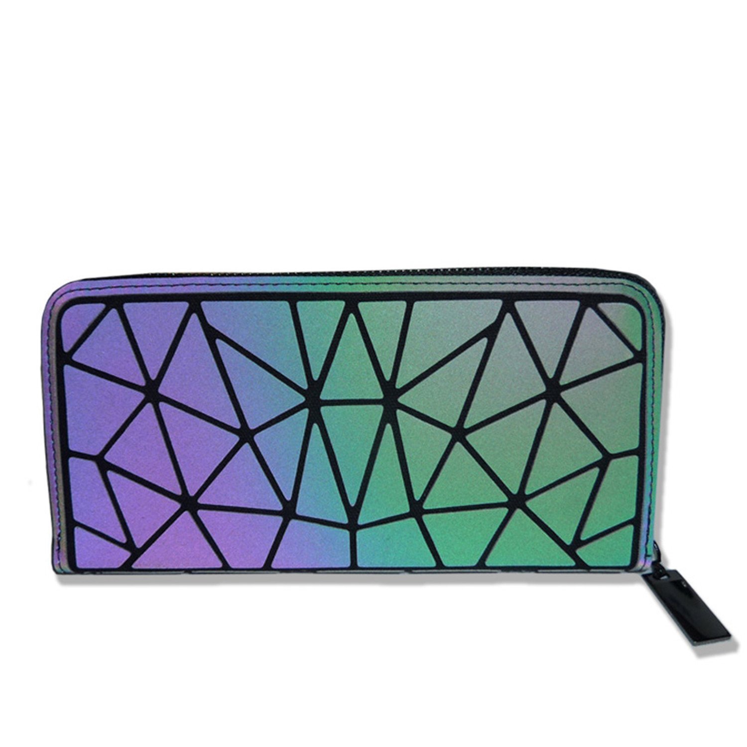 Women's Geometric Lattice Luminous Long Purse - Holographic Reflective Clutch Wallet with Zipper & Coin Pocket (Glow in Dark) - Perfect for Night Out, Parties, Concerts & Evening Events