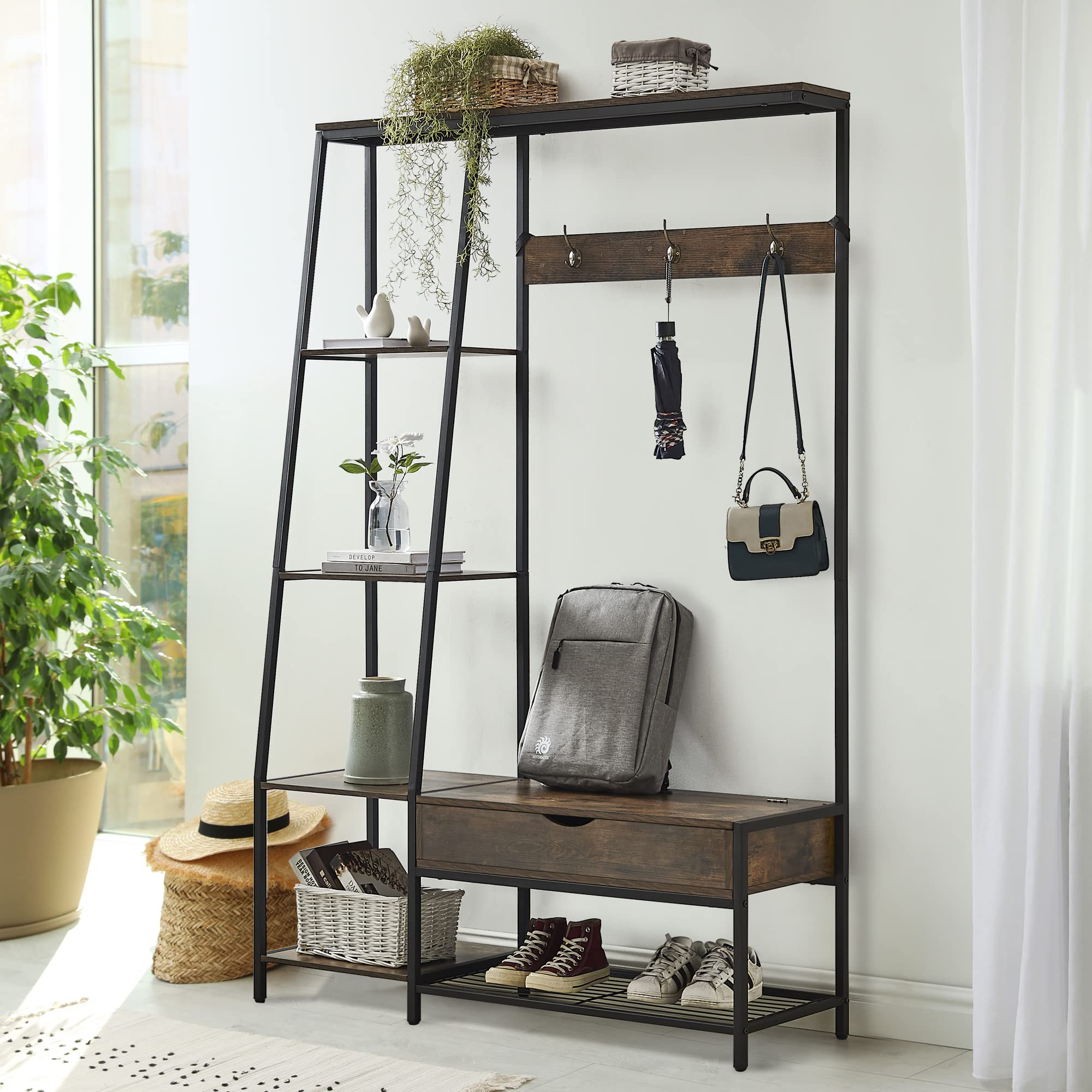Stylish Rustic Brown Entryway Coat Rack with Shoe Storage Bench & Ladder Shelving - Perfect for Small Spaces, Hallway Organization & Farmhouse Decor