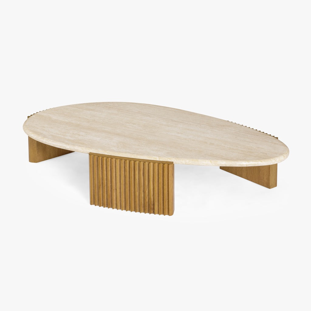 Bakari Oak & Travertine Coffee Table - Mid Tone Oak Finish - Modern Living Room Furniture for Home Decor