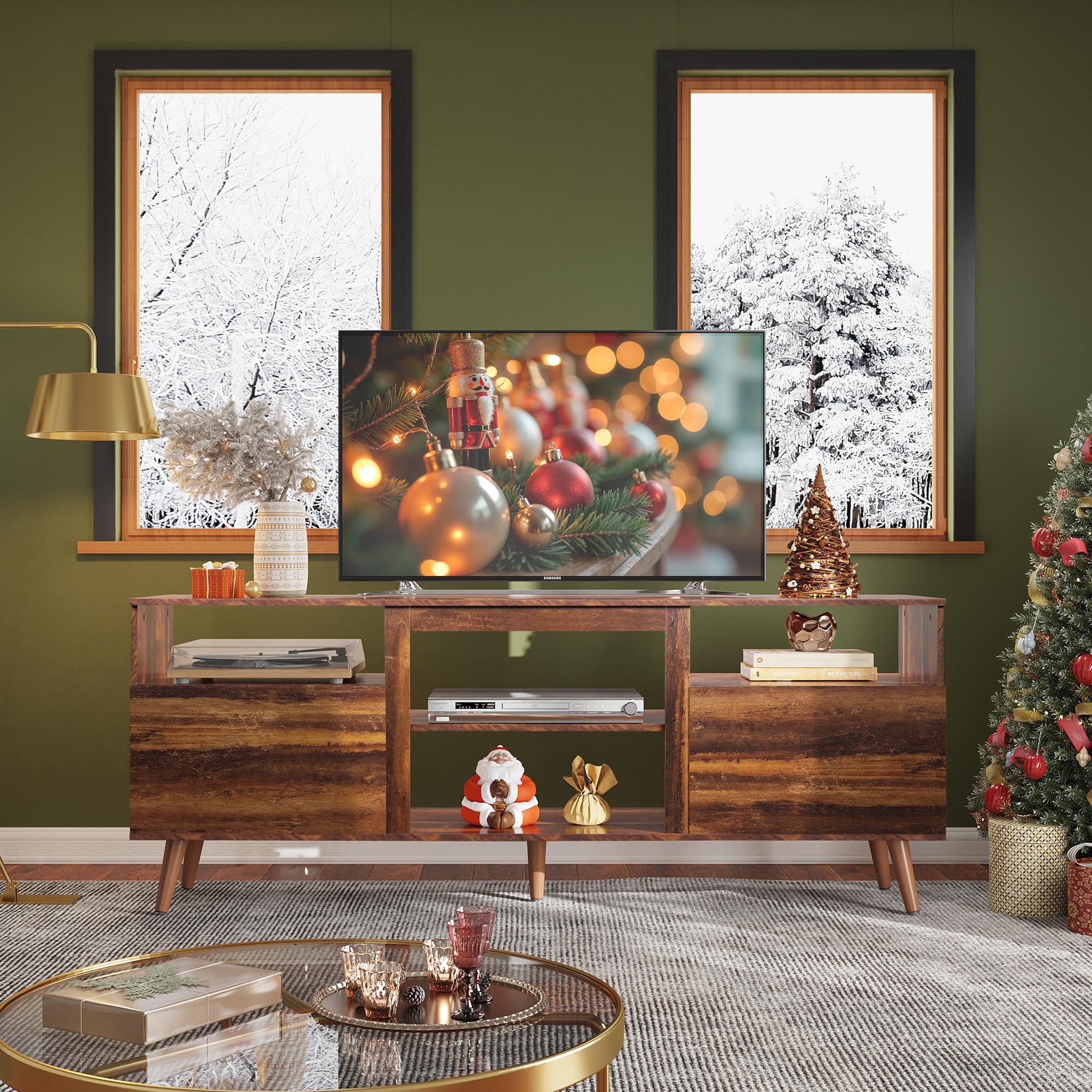 65 Inch TV Stand with 2 Storage Cabinets - Retro Brown Entertainment Center for Living Room, Bedroom & Office - Perfect Media Console for 58-65 Inch TVs - Ideal for Home Theater Setup & Modern Decor