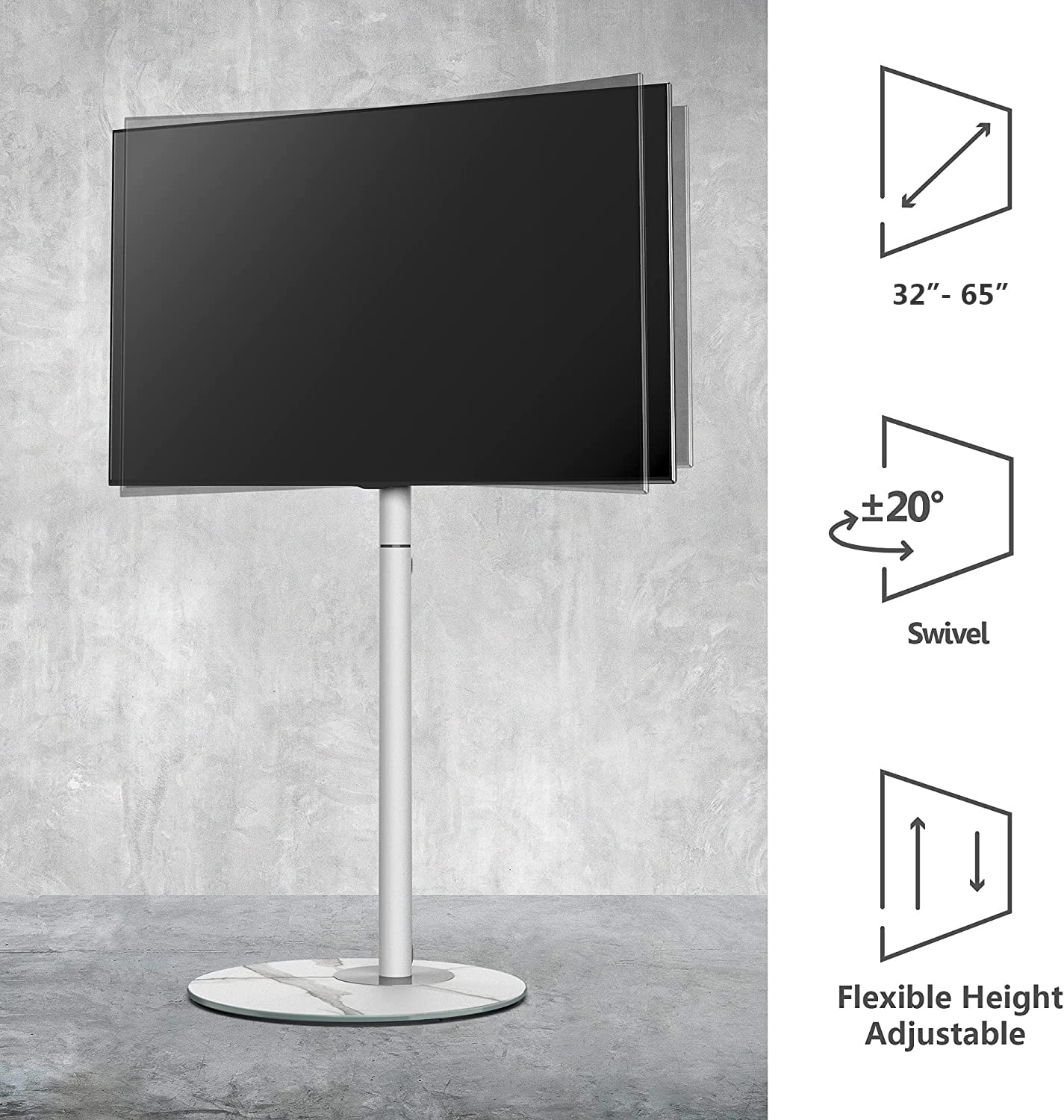 FITUEYES Mid Century Modern TV Stand for 37-65 Inch TVs - White Corner TV Unit with Marble Textured Glass Base & Hidden Storage - Metal TV Console for Living Room Decor - Perfect for Small Spaces & Apartment Entertainment Centers