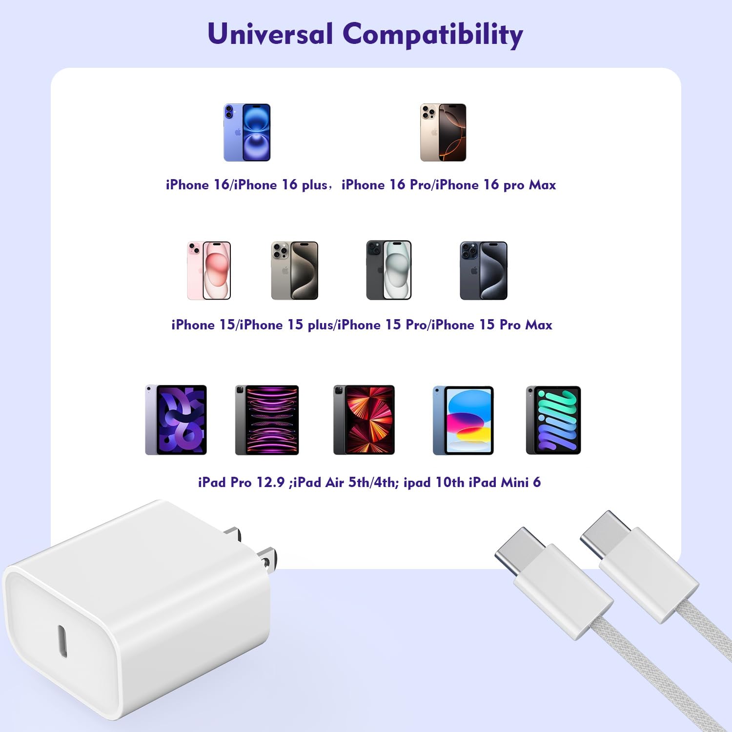[3 Pack] 10FT USB C to C Fast Charging Cable with 20W Wall Charger - Braided Nylon, Compatible with iPhone 16/15 Series & iPad Pro - Perfect for Home, Office & Travel Charging