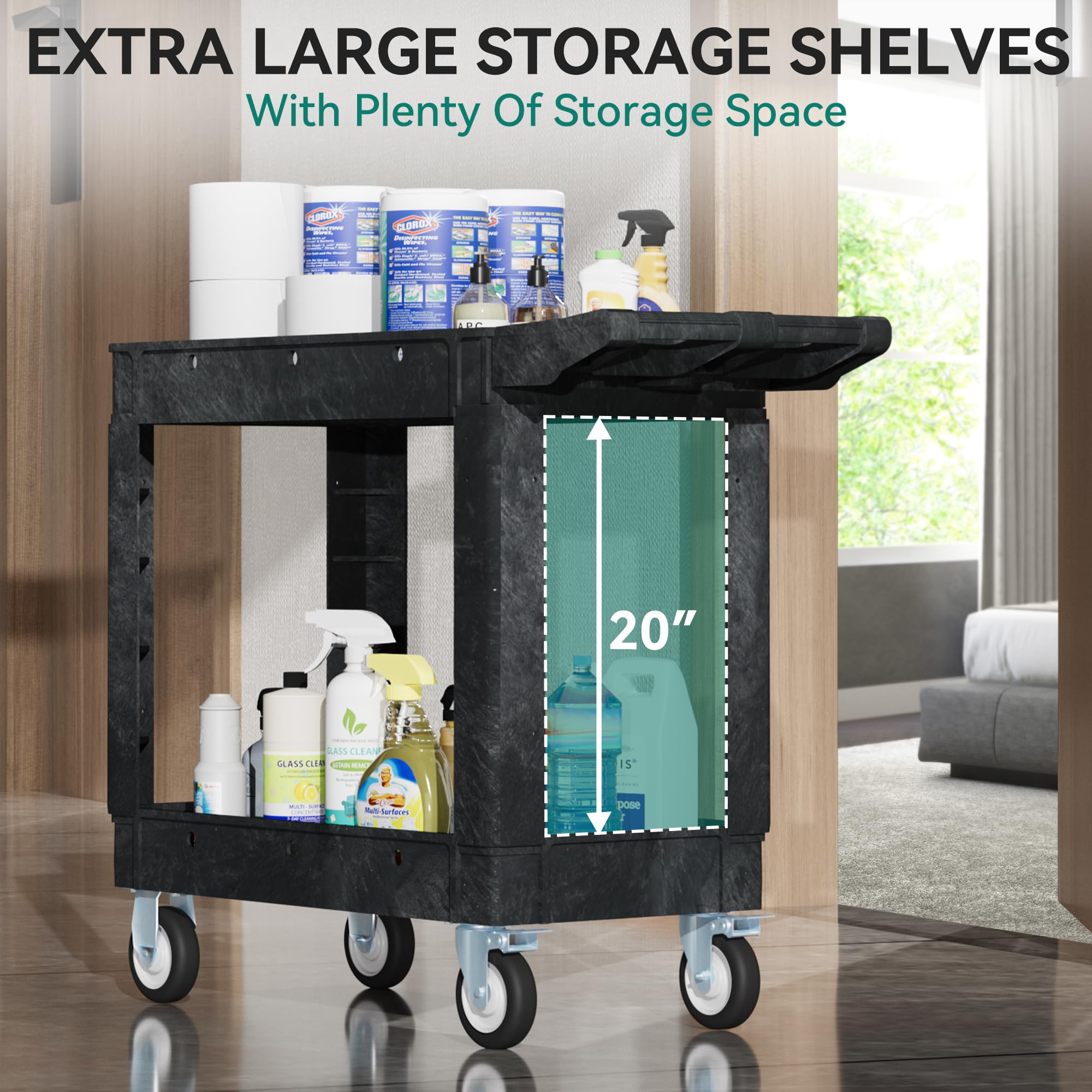 YITAHOME Heavy Duty Utility Cart with Wheels - 550 lbs Capacity Plastic Rolling Tool Cart, 40 x 17 Inch 2-Shelf Mobile Work Cart for Warehouse, Garage, School & Office Organization - Perfect for Cleaning Supplies, Tools Storage and Industrial Workspaces