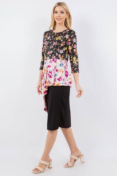 Celeste Floral Print Asymmetrical Hem Round Neck Blouse - Women's Fashion Tops for Casual Outings & Date Nights