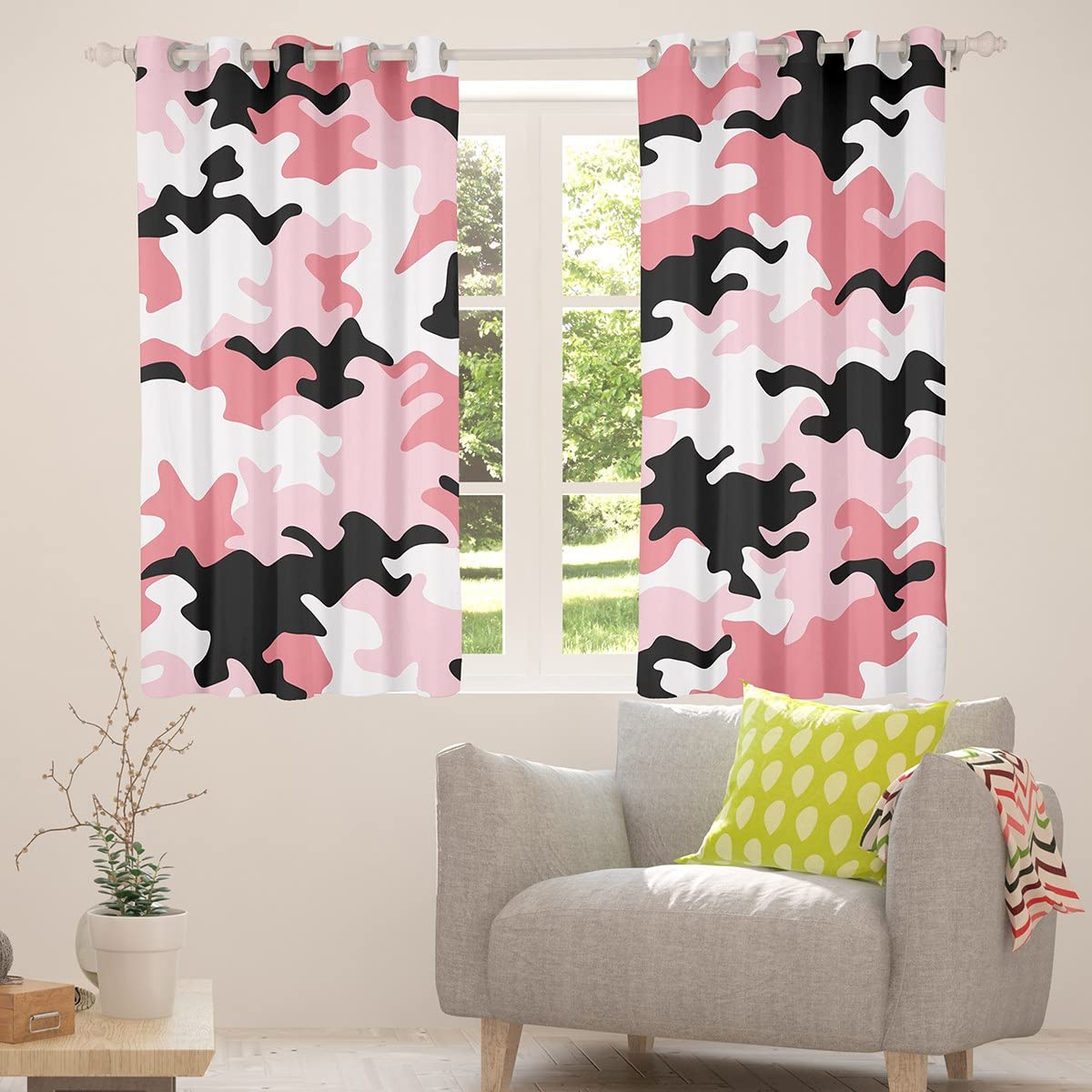 Erosebridal Camouflage Kids Window Curtains - Army Camo Pixel Design Blackout Drapes for Boys & Girls Room Decor, Military Style Abstract Art Panel Curtains in Pink/Black (2 Panels 38x45 Inches) - Perfect for Bedroom, Nursery, Playroom & Dorm Windows