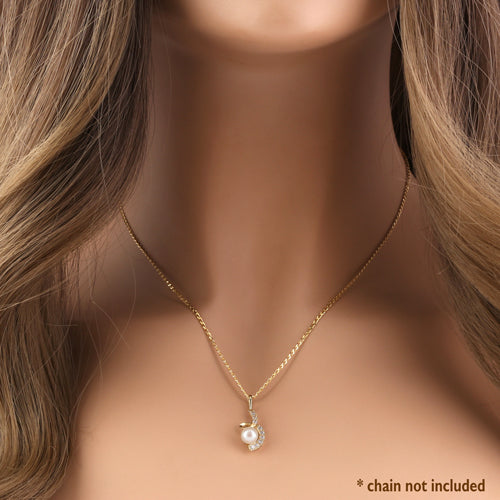14K Yellow Gold Twisted Pearl and Cubic Zirconia Pendant Necklace - Elegant Jewelry for Women, Perfect for Weddings, Parties, and Special Occasions