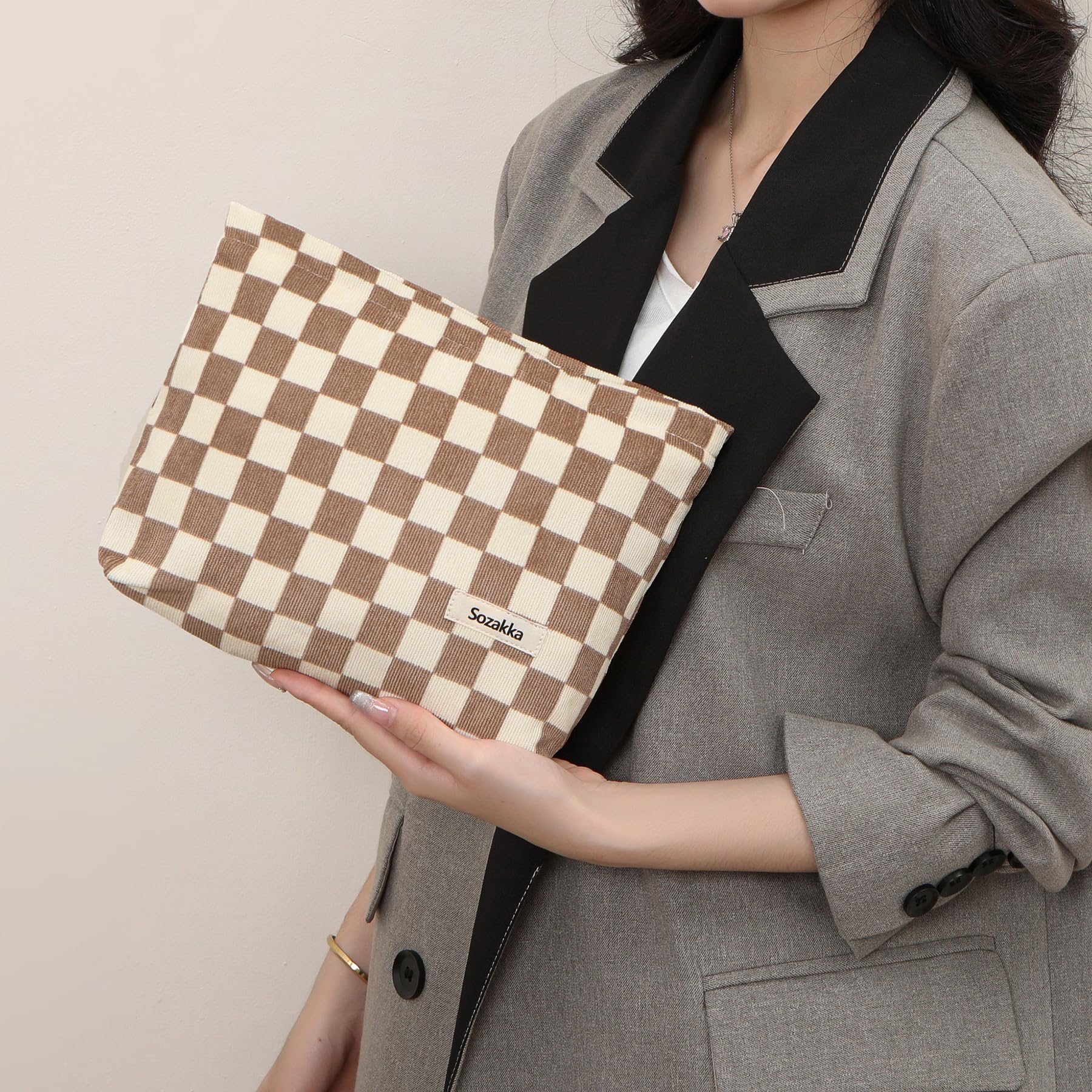 Stylish Canvas Checkered Makeup Bag for Women - Travel Cosmetic Organizer with Zipper, Brown Makeup Pouch for Girls | Perfect for Travel, Gym, and Daily Essentials Storage