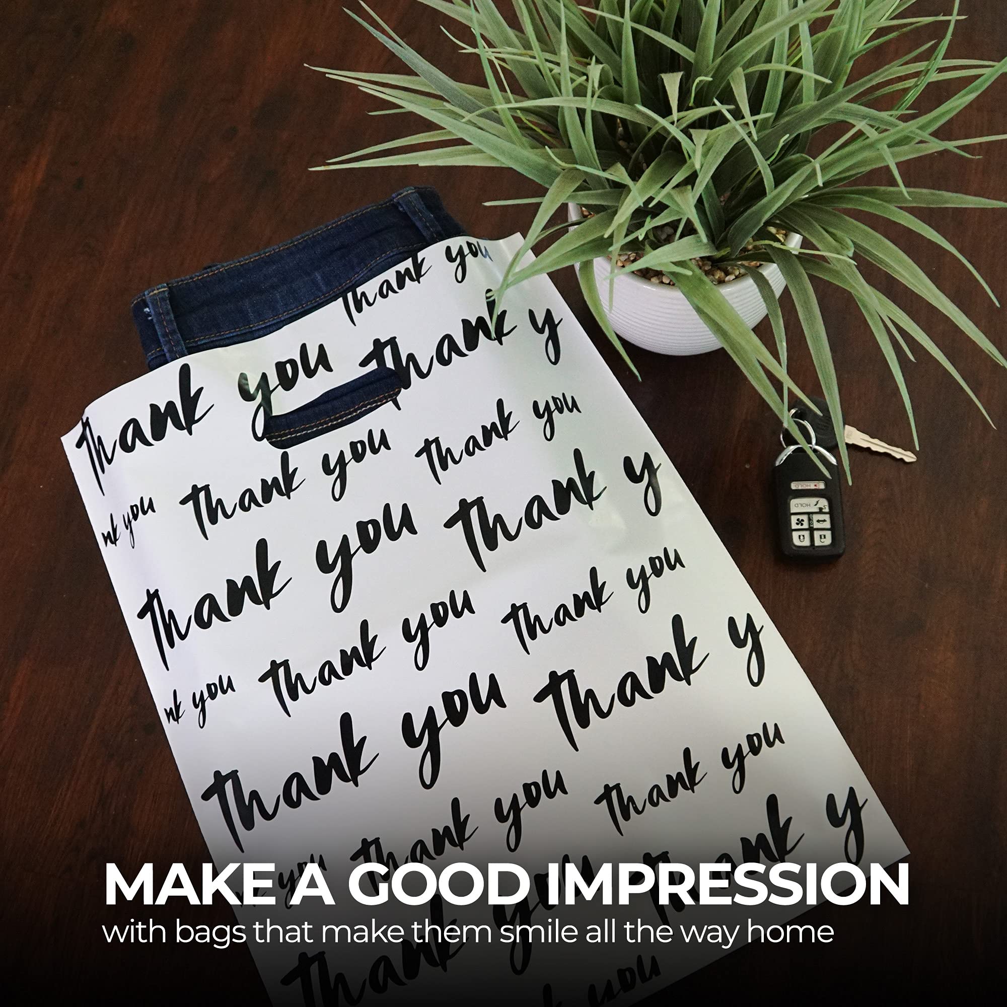 50 Pack Premium White & Black 12x15 Inch Thank You Bags - Thick Plastic Shopping Bags with Strong Handles for Retail Stores, Boutiques & Gift Shops | Perfect for Packaging Small Purchases & Customer Appreciation Gifts