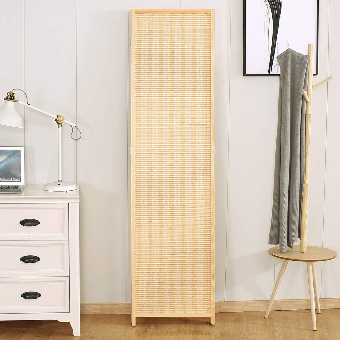 6 Panel Bamboo Room Divider Privacy Screen - Natural Freestanding Folding Partition for Home Office, Bedroom & Living Room - Beige