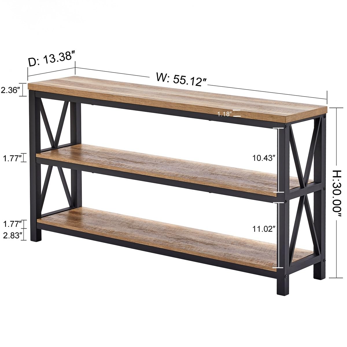 FATORRI 55 Inch Rustic Oak Industrial Console Table with 3-Tier Shelves - Entryway Sofa Table, Hallway Table for Living Room, Bedroom & Office - Perfect for Home Decor, Storage & Display