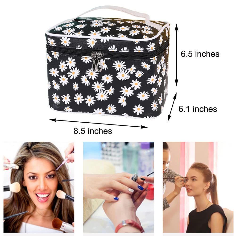 HOYOFO Large Waterproof Makeup Bag for Women - Travel Cosmetic Organizer with Brush Holder, PU Toiletry Storage Bag (Black Daisy) - Perfect for Travel, Gym & Daily Beauty Essentials