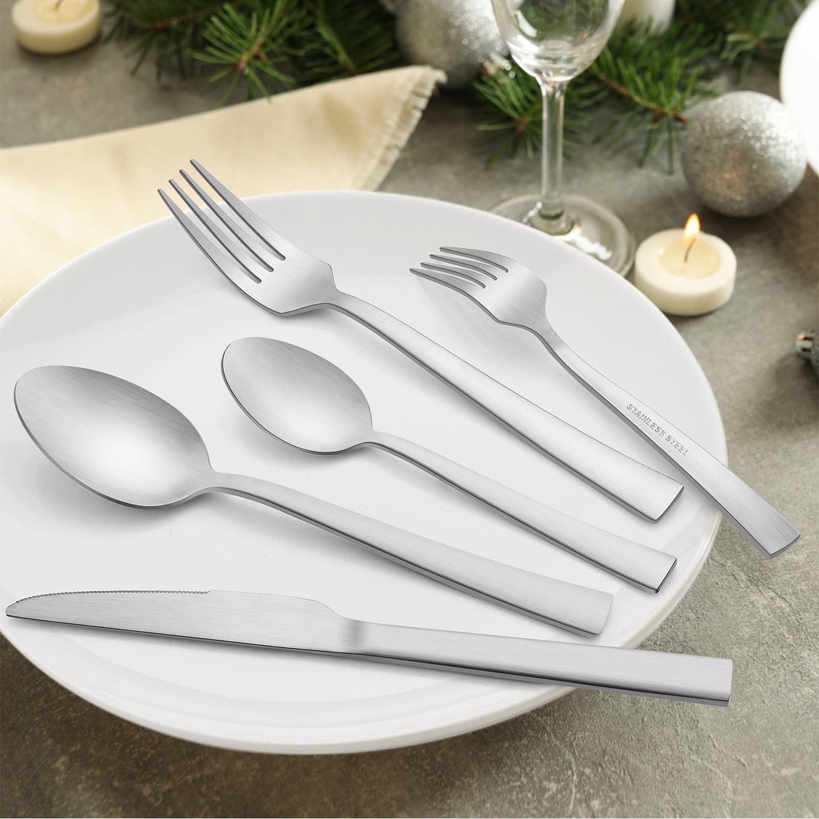 40-Piece Matte Silverware Set - Stainless Steel Flatware Service for 8 - Durable Metal Cutlery Set with Forks, Spoons & Knives - Square Edge Design - Perfect for Dinner Parties, Restaurants & Everyday Dining