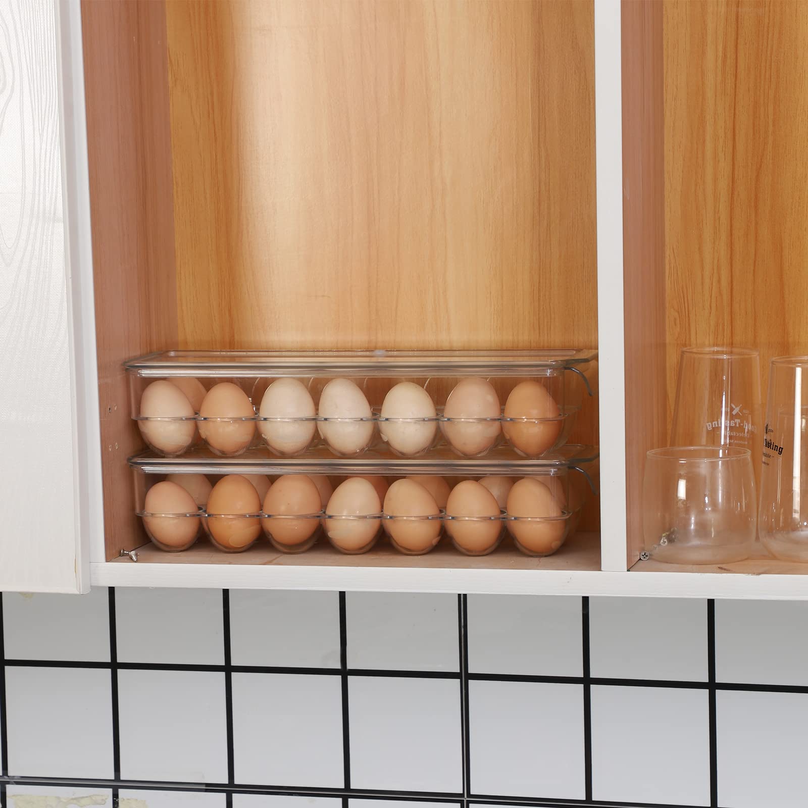 Clear Stackable Acrylic Egg Container for Refrigerator - 14 Egg Organizer Holder with Narrow Design, Plastic Egg Storage Bins for Fridge Organization (2PCS) - Perfect for Kitchen Storage, Pantry Organization & Breakfast Meal Prep