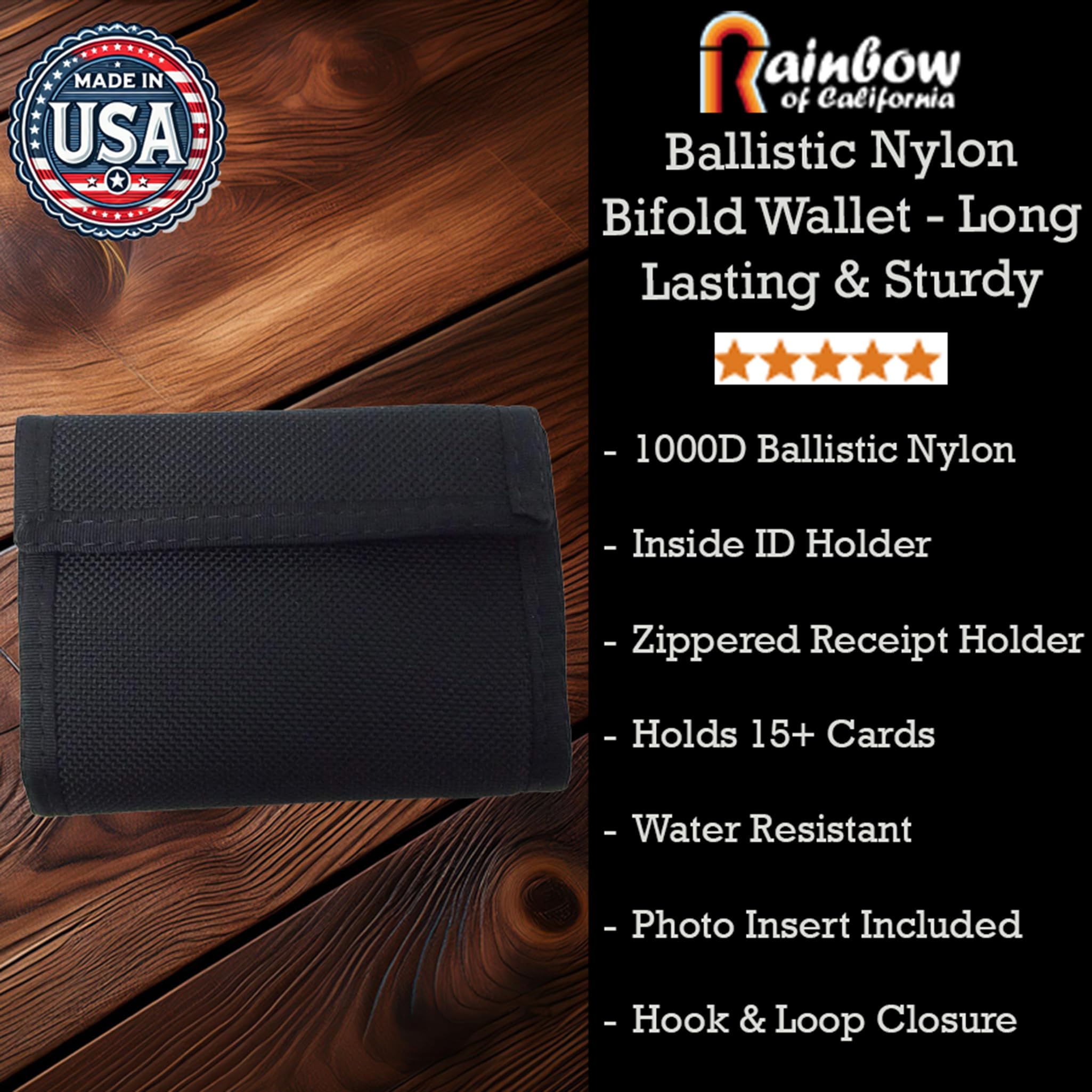 1000D Nylon Ballistic Bifold Wallet - Military-Grade Durable Lightweight Water-Resistant RFID Blocking Wallet with Zippered Compartment | Made in USA | Perfect for Outdoor, Travel & Everyday Carry (Black)