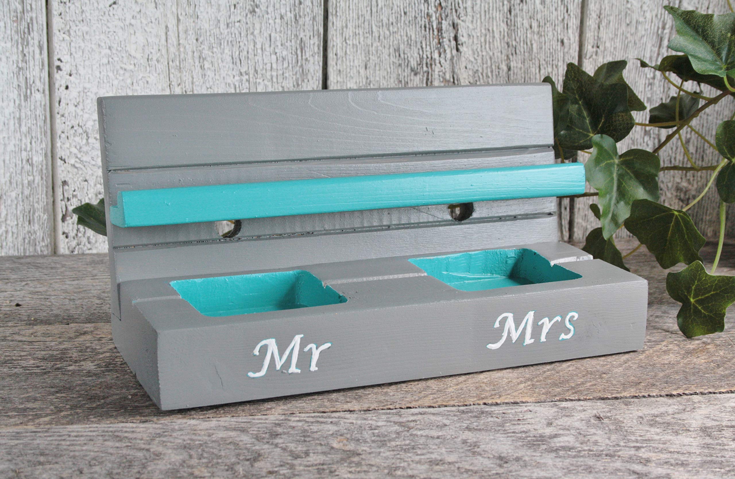 Handmade Gray & Turquoise Cell Phone Stand & Charging Station - Holds & Charges 2 Phones - Nightstand Organizer - Perfect Gift for Couples (Mr & Mrs) - Ideal for Bedroom, Office & Travel Accessories