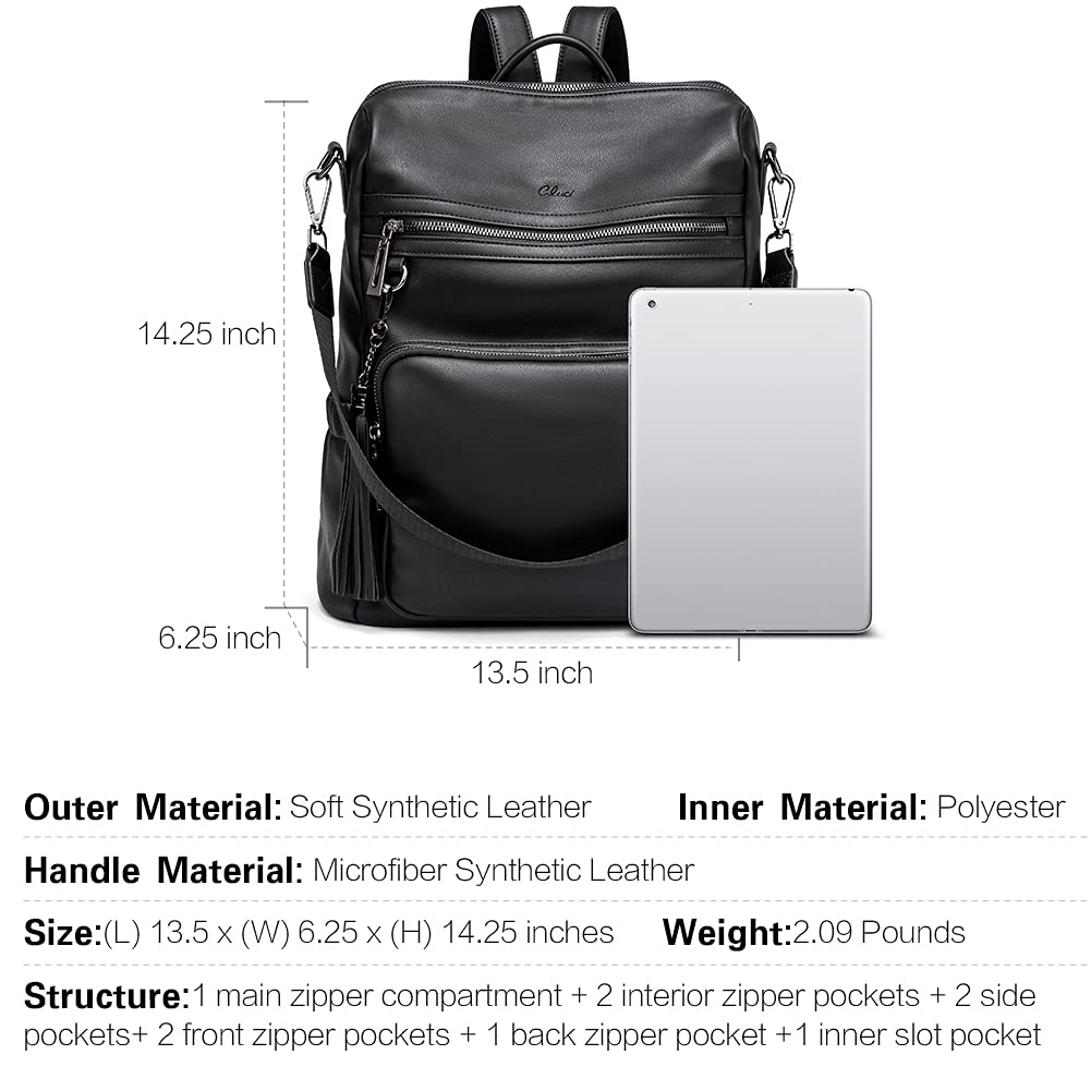 CLUCI Women's Leather Backpack Purse - Large Convertible Travel & Work Shoulder Bag with Tassel | Stylish Black Designer Handbag for Commuting, Business Trips & Daily Use