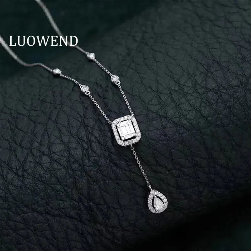 18K White Gold Pendant Necklace with Real Natural Diamond - Women's Engagement Jewelry for Wedding, Anniversary & Special Occasions | LUOWEND 100% Solid Gold Fashion Chain