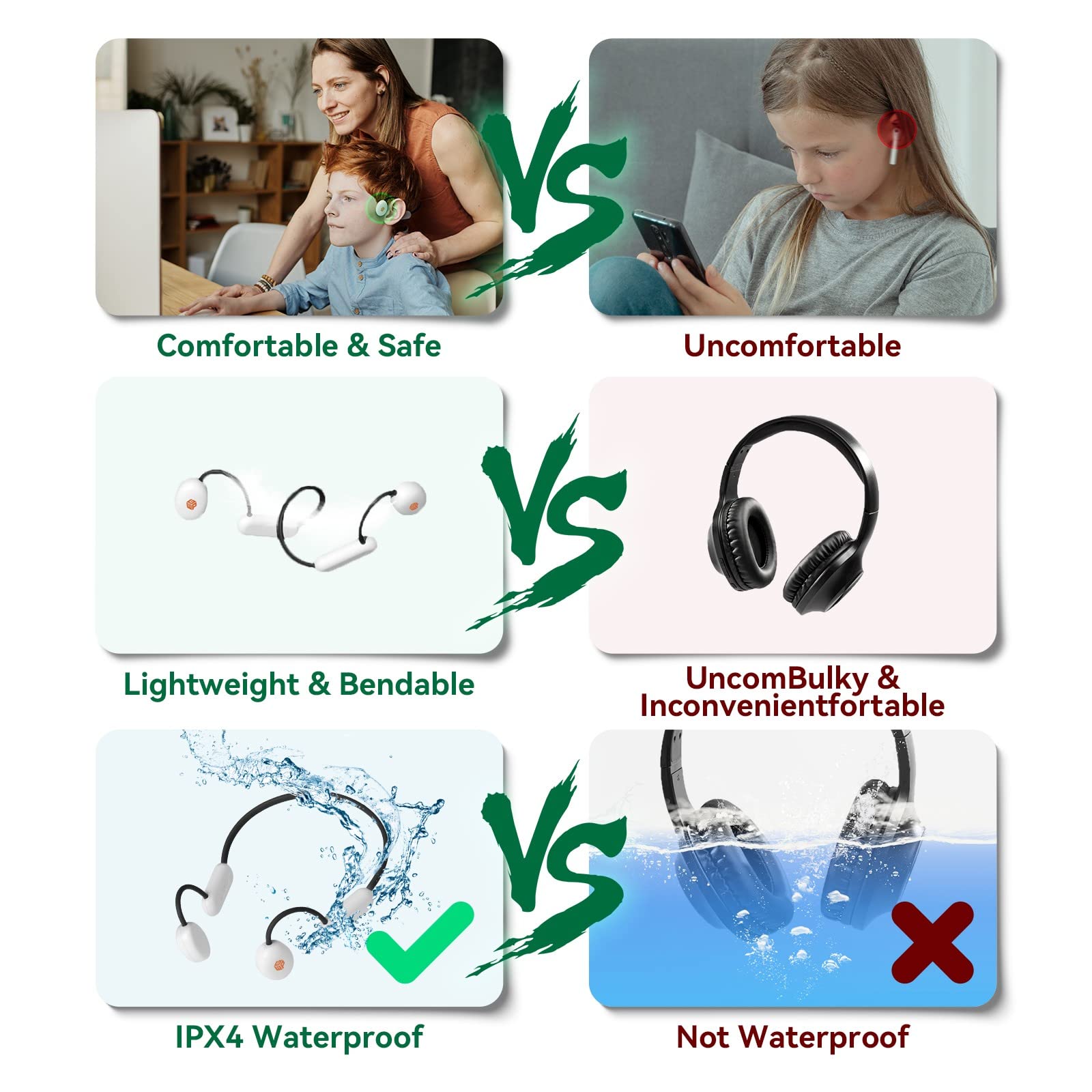 WGP Kids Bluetooth 5.3 Wireless Headphones with Microphone - Open Ear Air Conduction Headphones, IPX4 Waterproof, 12H Playtime for iPad Tablet - Perfect for Homeschooling & Online Learning (Black)