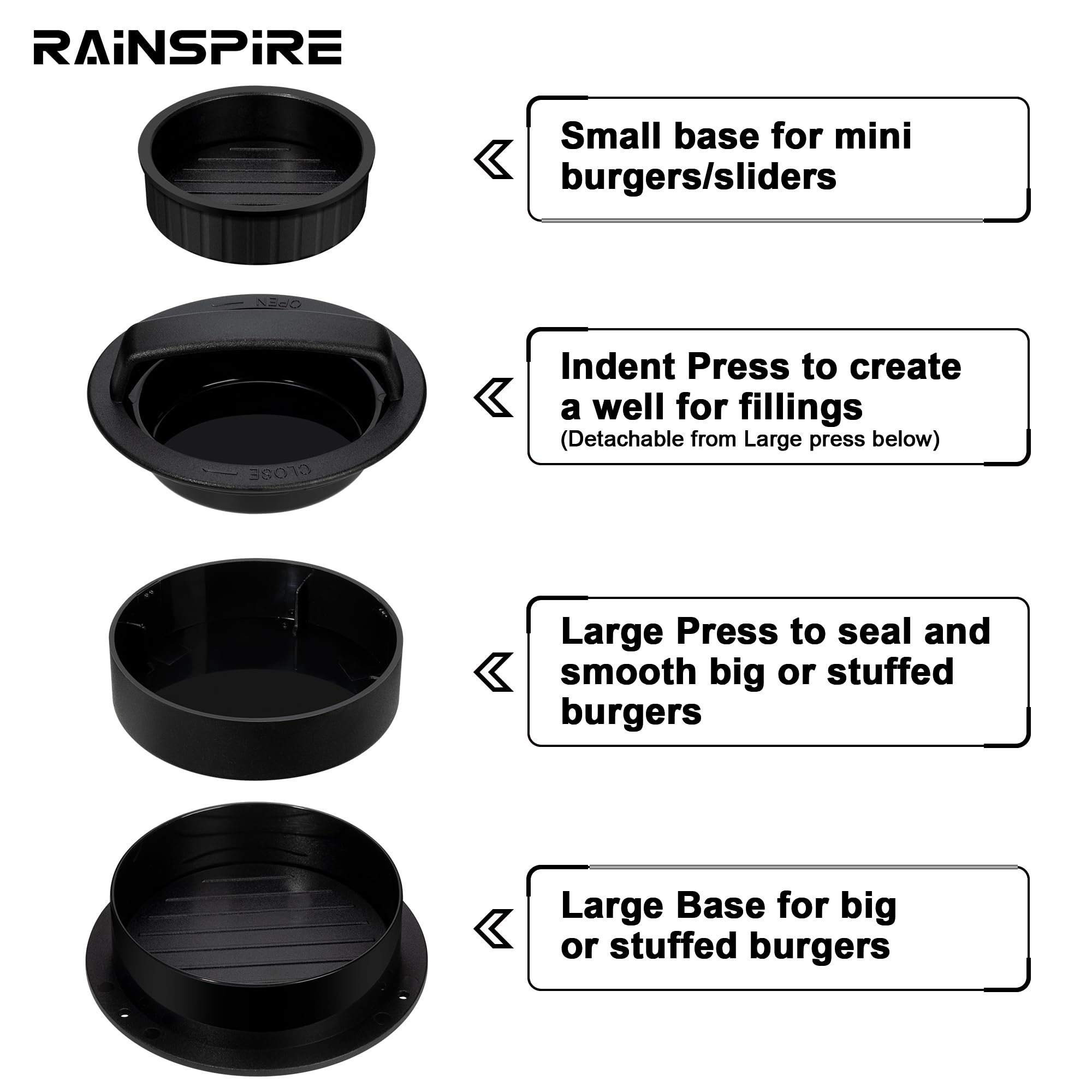 **Rainspire 3-in-1 Non-Stick Hamburger Patty Maker Press – Perfect for Stuffed Burgers, Sliders, Beef Patties – Ideal for BBQ, Grilling & Home Cooking (Black)**