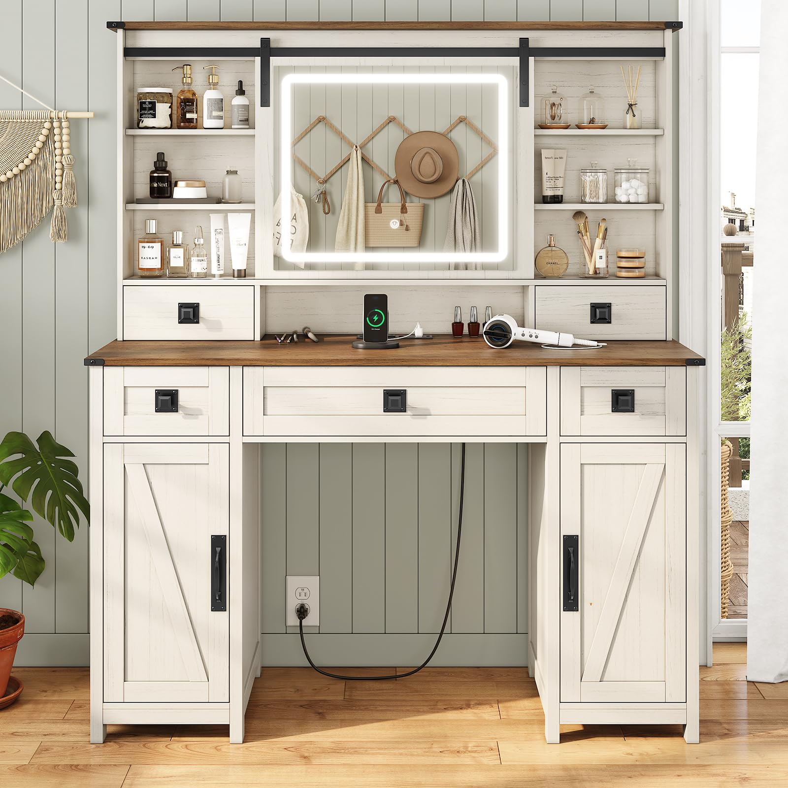 AOGLLATI Farmhouse Vanity Desk with Mirror & LED Lights - Large White Makeup Vanity Table with USB Charging Station, Ample Storage & Sliding Mirror - Perfect for Bedroom, Dressing Room & Bridal Makeup (Antique White)