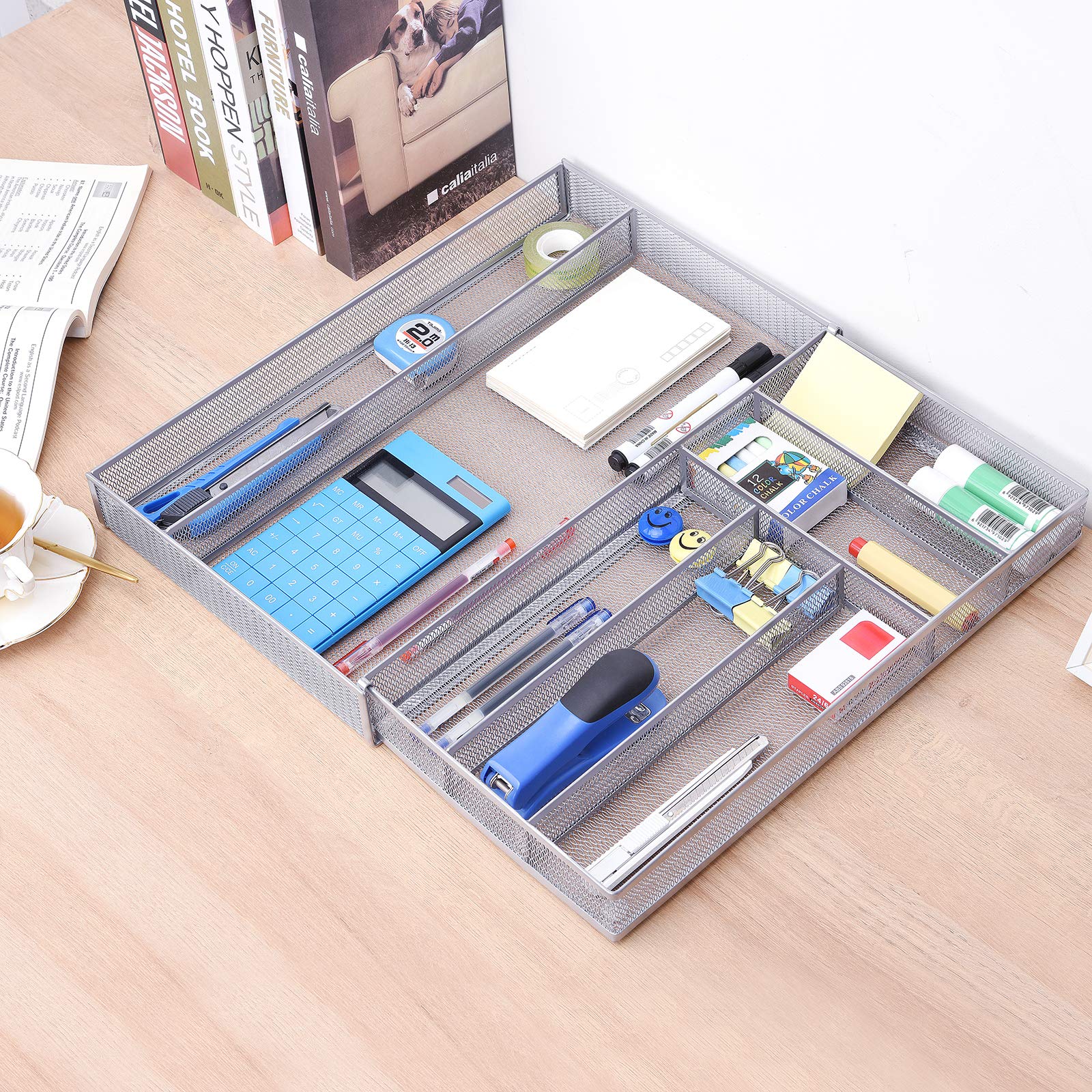 WuGeShop Expandable Mesh Desk Drawer Organizer - 6 to 7 Adjustable Compartments for Office & Art Supplies Storage | Perfect for Home Office, School, Craft Room Organization