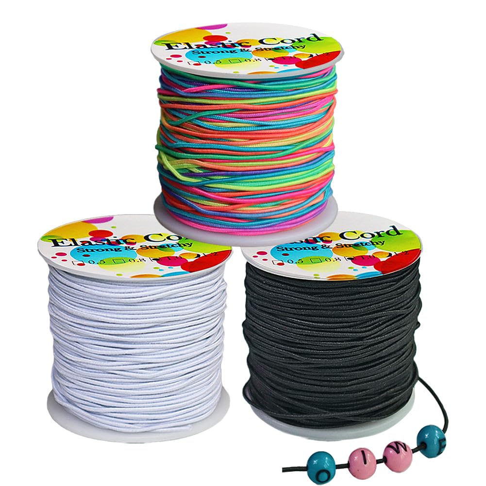 **1mm Elastic Cord for Bracelet Making - Stretchy Beading String for Pony Beads & Jewelry DIY - 3 Rolls (Black, Rainbow, White) - Perfect for Crafting, Friendship Bracelets & Kids' Bead Projects**