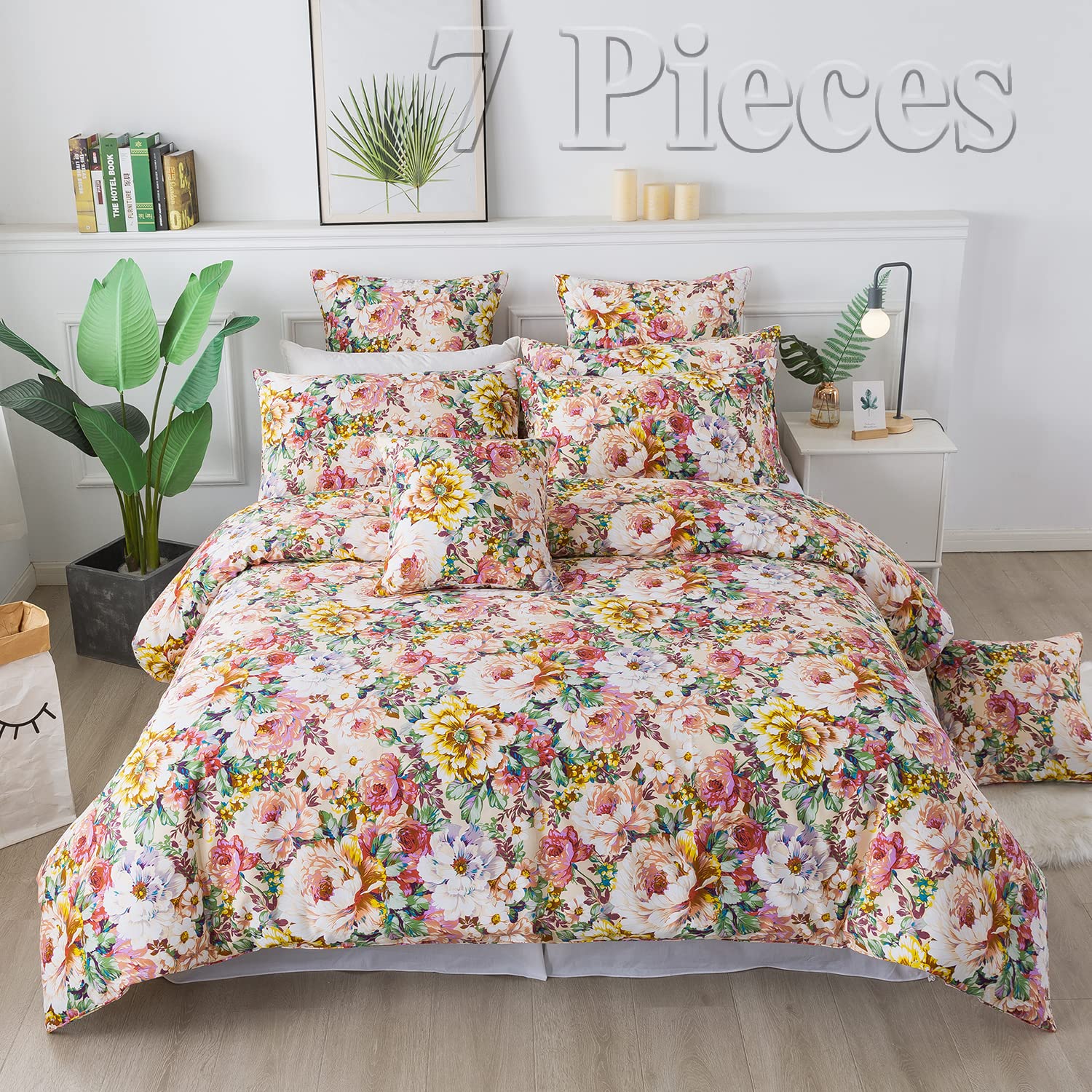 FADFAY 7-Piece Queen Size Floral Bedding Set - 100% Cotton Duvet Cover, Pink & Orange Soft Breathable Hypoallergenic Peony Flower Sheets with Deep Pocket (17.5