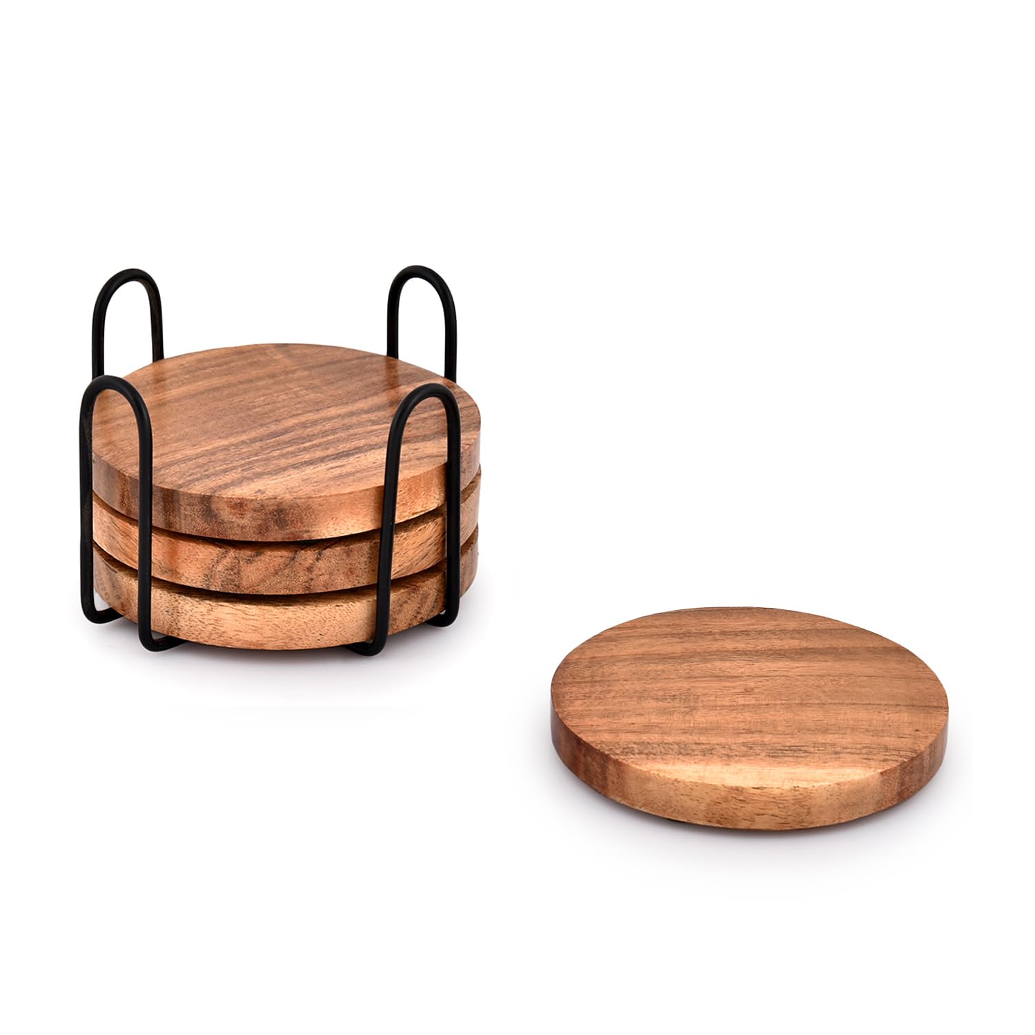 Premium Acacia Wood Drink Coasters Set of 4 with Iron Holder Stand - Natural Wooden Coasters for Coffee Tables, Bars & Home Decor - Protect Your Furniture from Water Rings & Heat Stains (Ideal for Coffee, Wine & Cocktail Parties)
