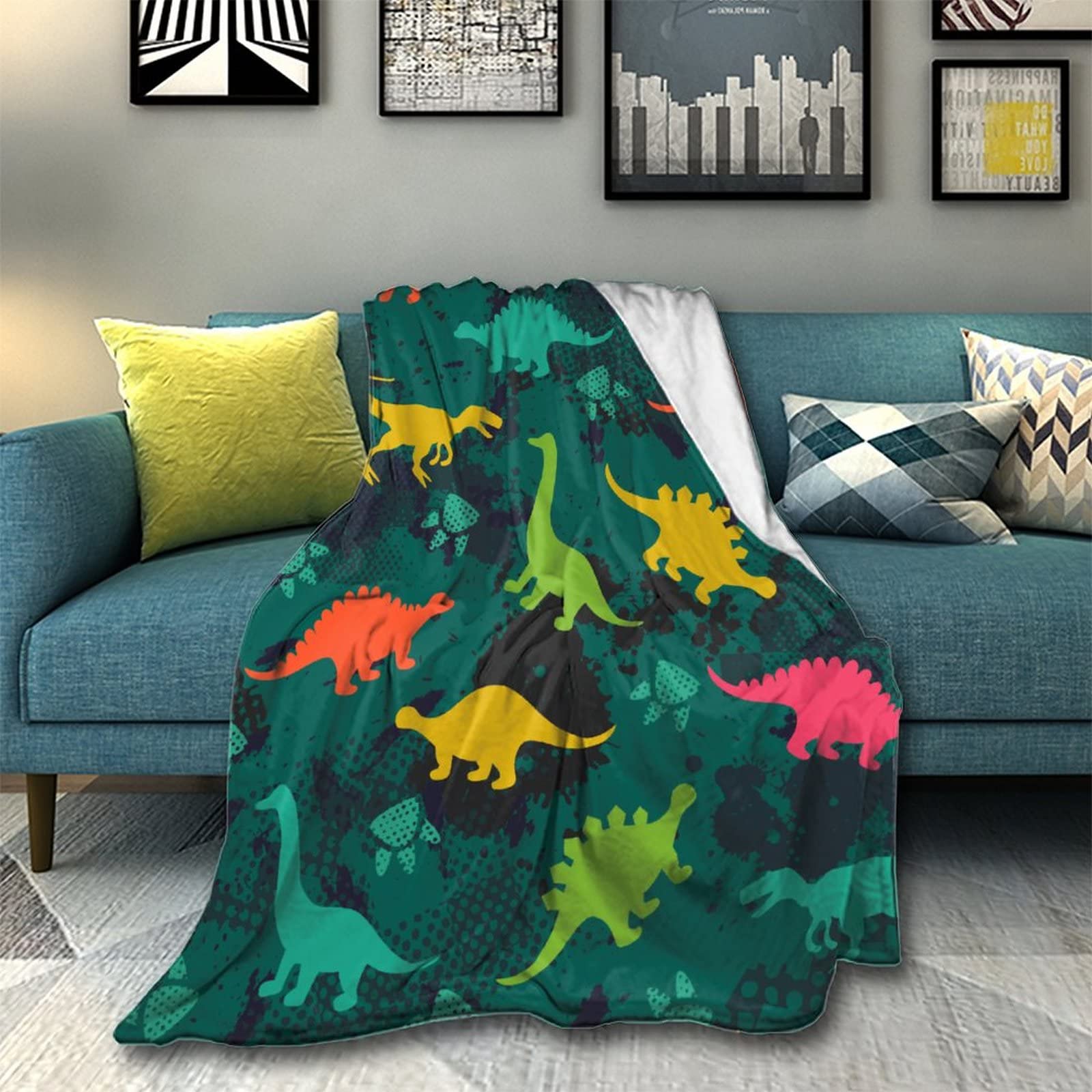 Cozy Fuzzy Flannel Blanket - Soft & Warm 50x60 Inch Lightweight Microfiber Throw for Bed, Sofa, Couch - Green Camo Dinosaur Print - Perfect for Winter Nights, Movie Time & Home Decor