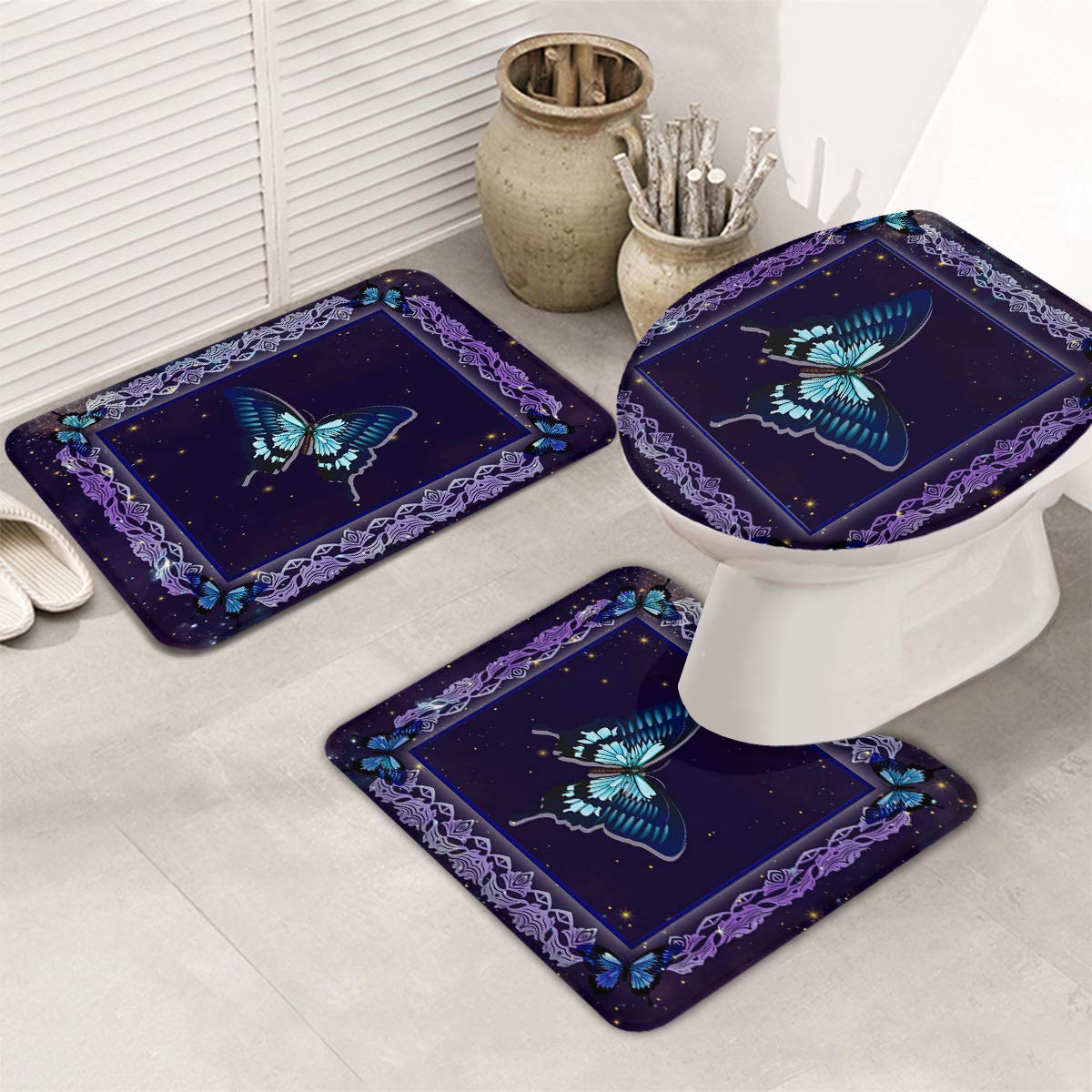 3-Piece Bath Rug Set - Non-Slip Butterfly Starry Sky Purple Bathroom Mat, Toilet Lid Cover & U-Shape Contour Mat with Rubber Backing for Safety | Perfect for Master Bath, Guest Bath & Kids' Bathroom Decor
