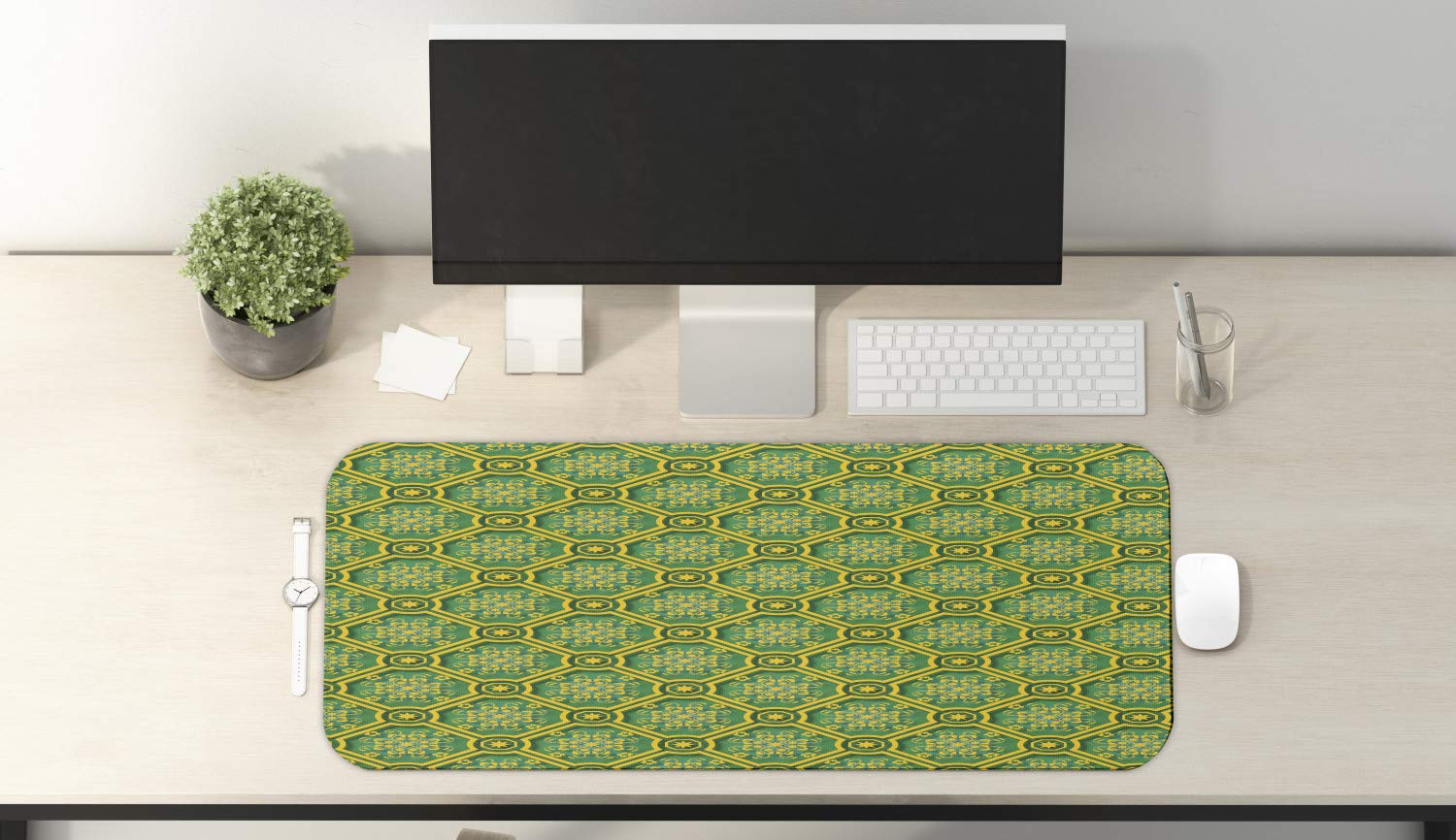 Ambesonne Floral Computer Mouse Pad - Non-Slip Rubber Gaming Mousepad with Bicolor Ornamental Pattern, Large 31