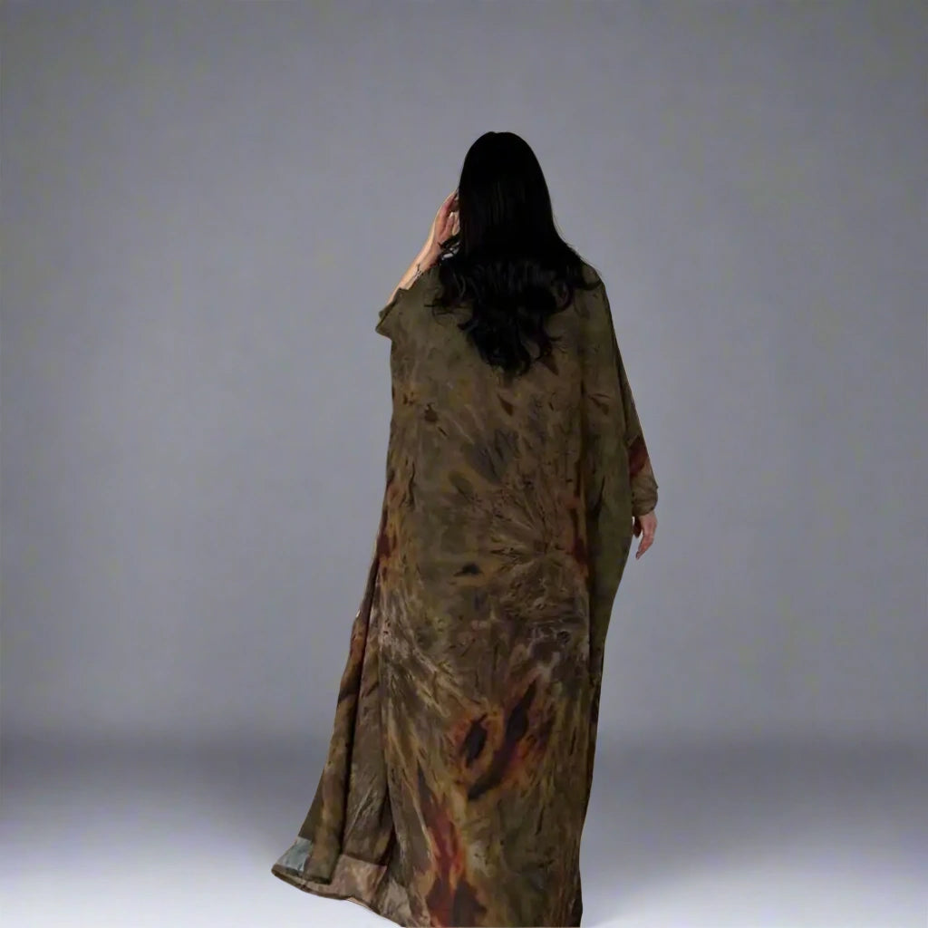 Urgarment Women's Printed Chiffon Open Front Cardigan Abaya Dress in Brown - Elegant Islamic Modest Wear for Prayer, Home & Special Occasions