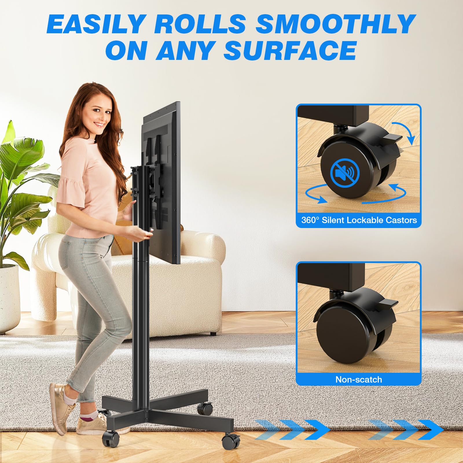 Upgraded Rolling TV Stand for 32-70 Inch TVs - Heavy Duty Mobile TV Cart with Smooth Wheels (Supports 88lbs) - Height Adjustable TV Mount Stand for Living Room, Bedroom & Office - Perfect for Home Entertainment & Space-Saving Solutions