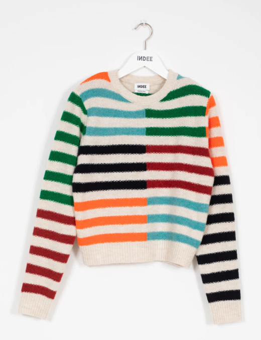 INDEE RAVENNA MULTI STRIPE PULLOVER Sweater - Women's Casual Knit Top (Size 10 L) - Cozy Fall & Winter Layering for Office, Travel and Weekend Outfits