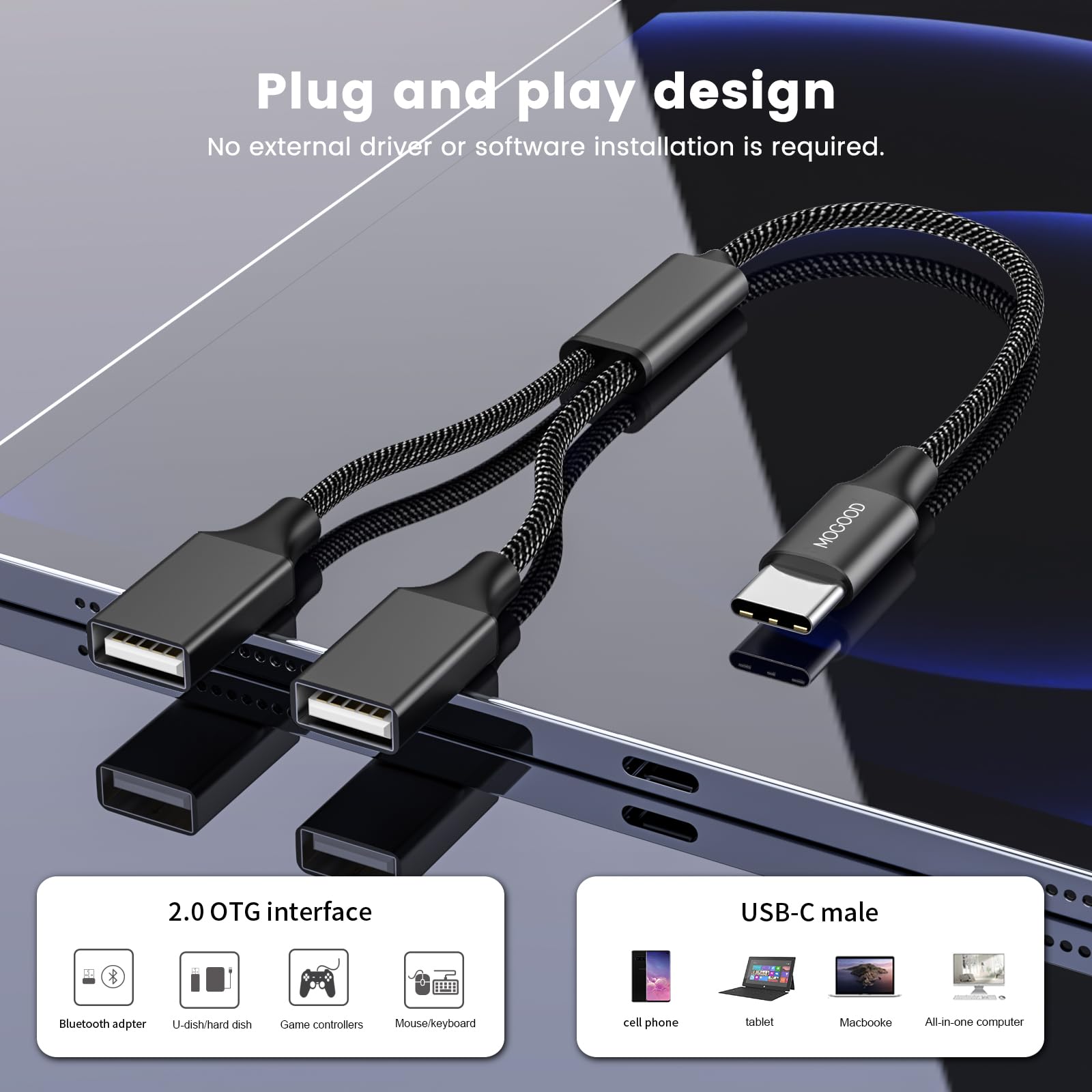 USB C to Dual USB A Adapter - 2.0 OTG Splitter for MacBook, Pixel, Galaxy - Home & Office Use