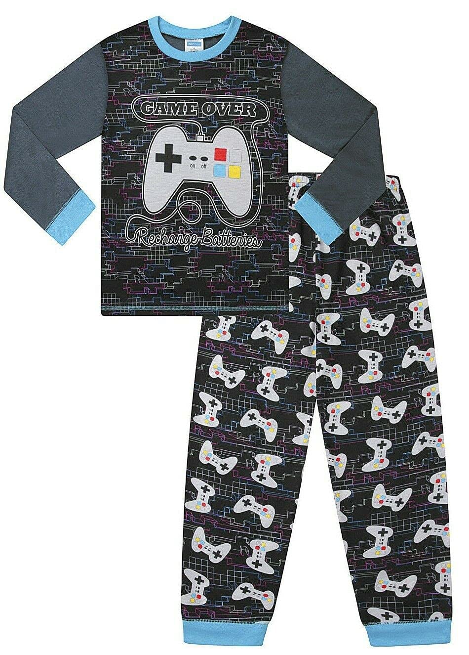 TDP Textiles Boys Game Over Recharge Long Sleeve Gaming Pajamas - Comfortable Sleepwear for Video Game Lovers & Sleepovers (SS21 Collection)