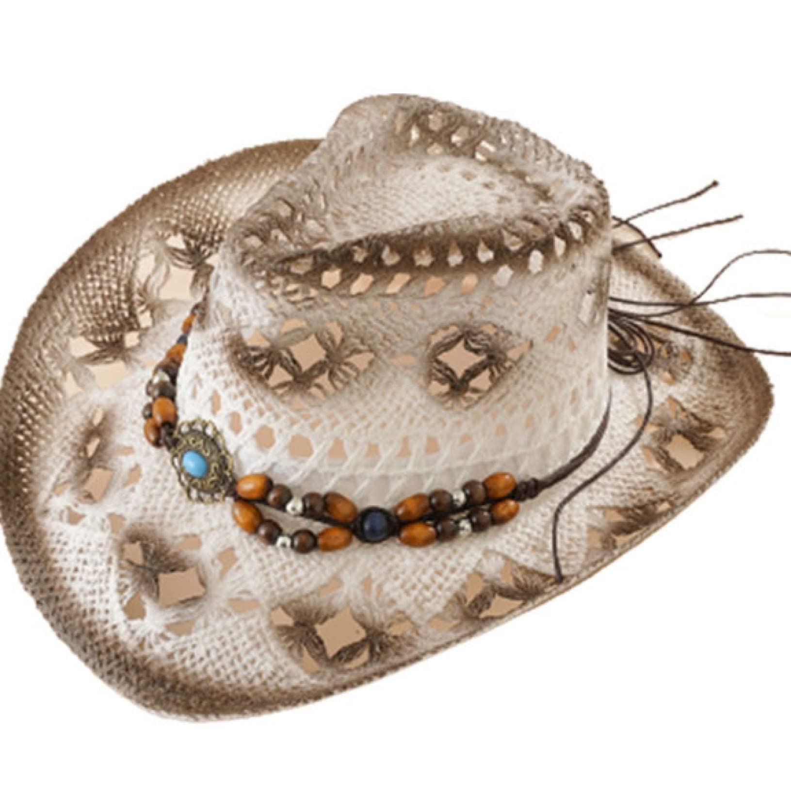 Stylish Cowboy Straw Hat with Beaded Tassel Belt - Western Sun Hat for Men & Women - Perfect for Beach Vacations, Summer Outings & Jazz Festivals