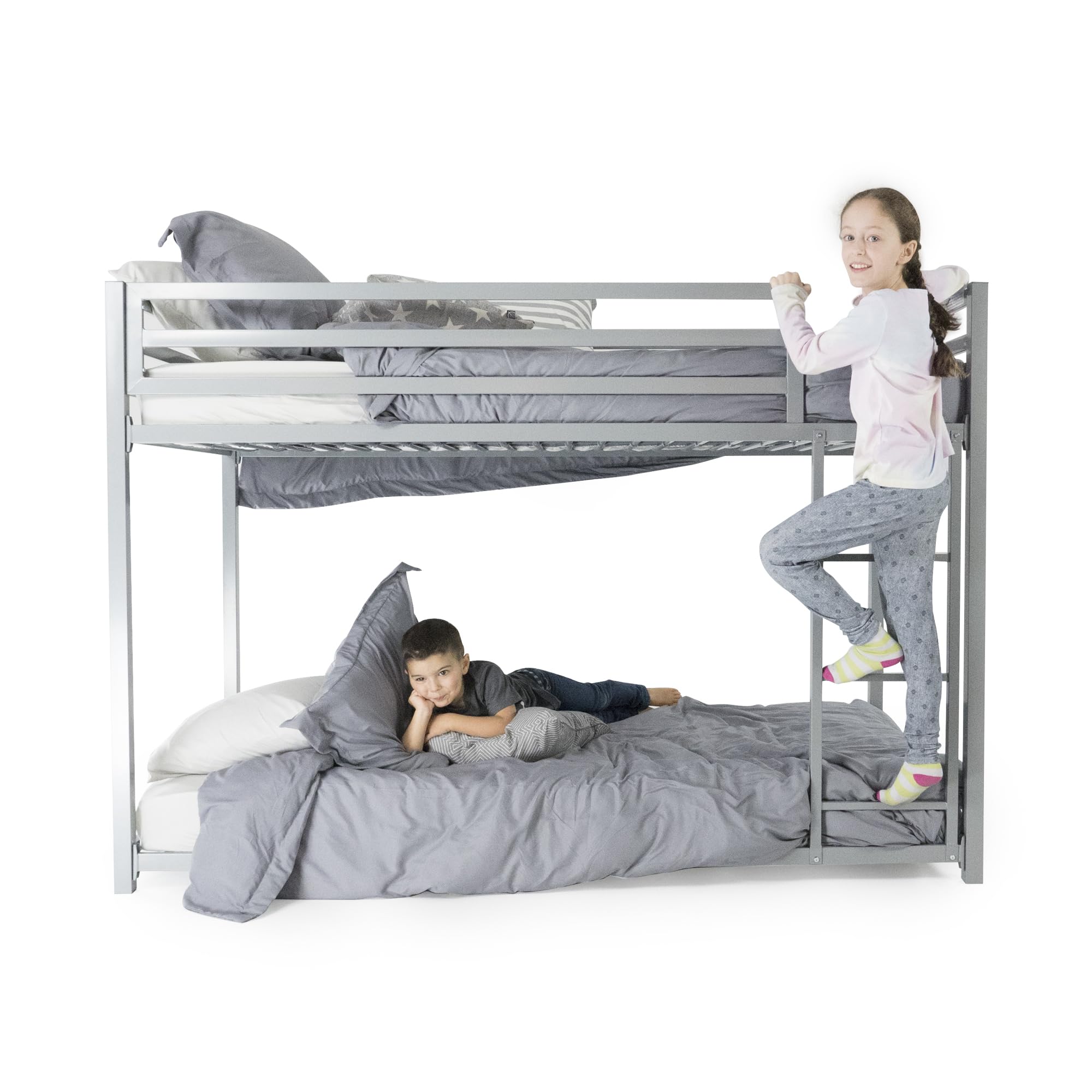 DHP Miles Low Metal Bunk Bed Frame for Kids - Twin Over Twin with Built-in Ladder & High Guardrail | Sturdy Metal Slats, No Box Spring Needed | Space-Saving Design for Small Rooms | Perfect for Kids' Bedrooms, Dormitories & Shared Spaces (Silver)