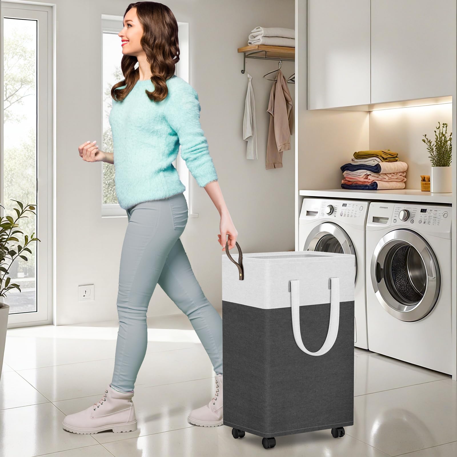 75L Rolling Laundry Basket with Wheels - Collapsible & Waterproof Mobile Clothes Hamper with Handles - Foldable Storage Bin for Laundry Room, Bedroom, Bathroom & Dorm - Perfect for Small Spaces & College Students (Gray)