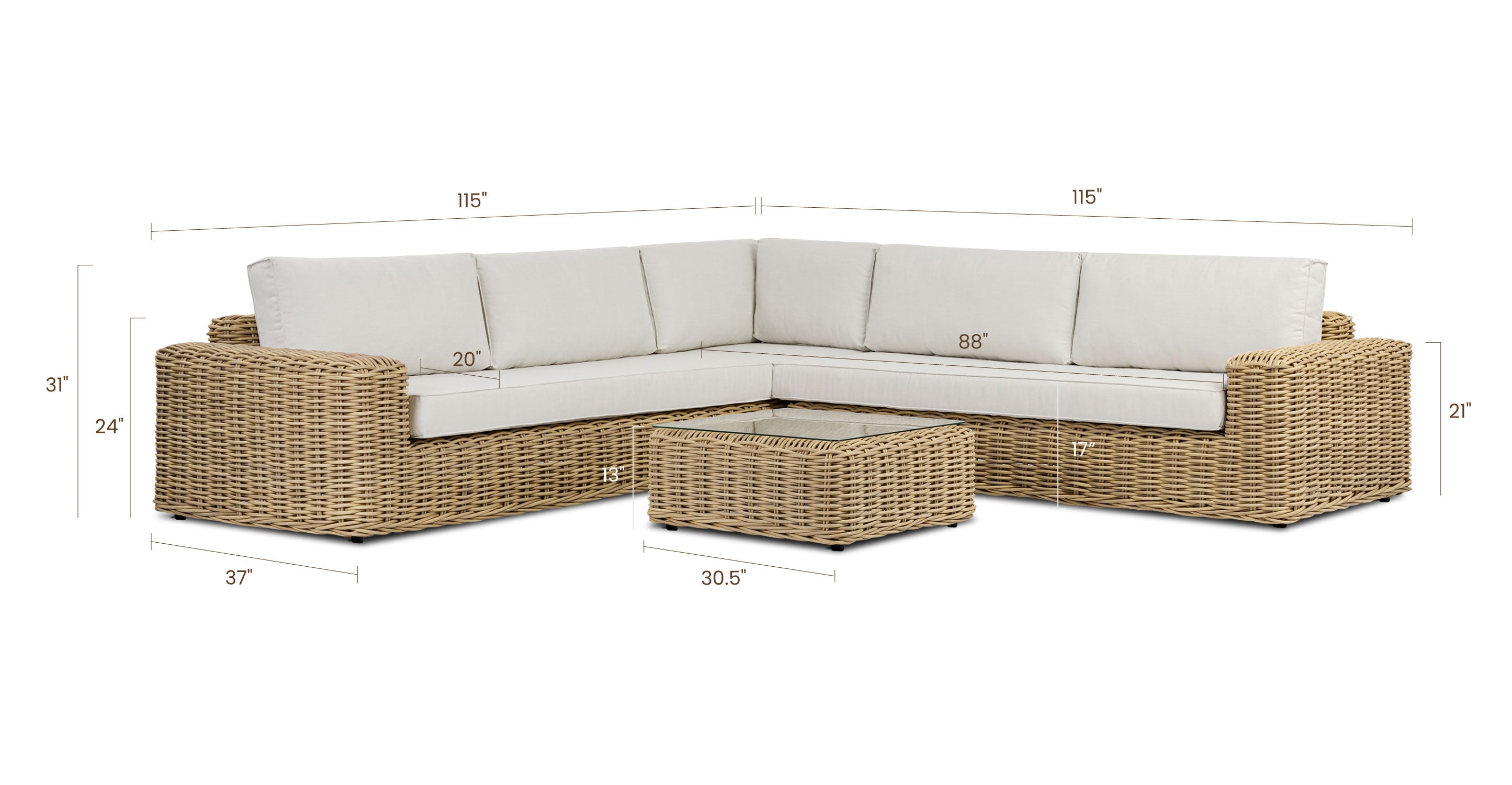 Puglia 115 Corner Sectional Sofa Set with Coffee Table - Modern L-Shaped Living Room Furniture for Small Spaces, Home Theater & Family Gatherings