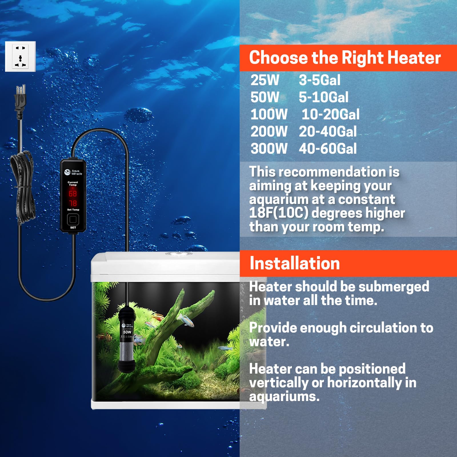 AquaMiracle Upgraded 50W Small Aquarium Heater with Dry-Run Protection & Memory Function - Dual LED Display Fish Tank Heater for 5-10 Gallon Tanks - Perfect for Freshwater/Saltwater Aquariums, Turtle Tanks & Betta Fish Habitats
