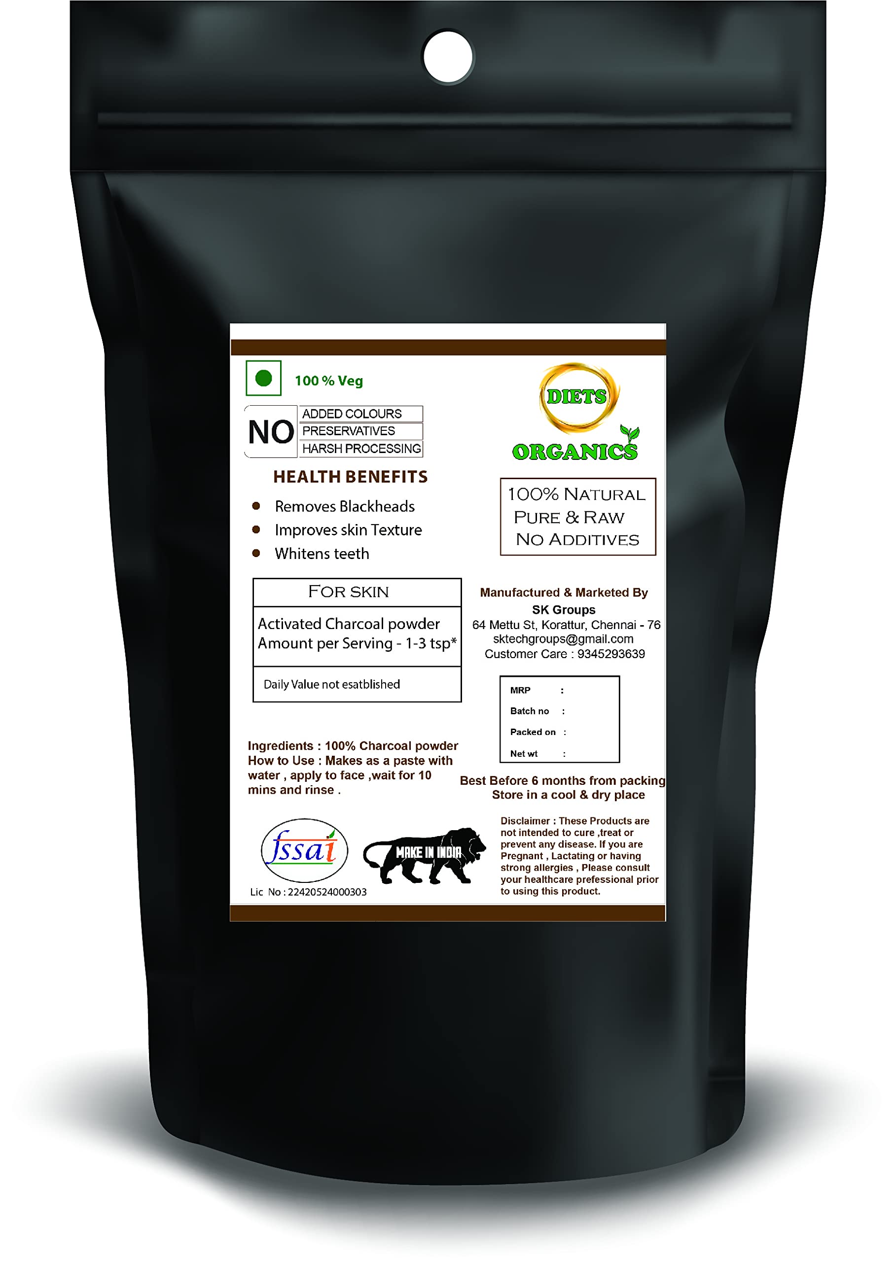 DIETS ORGANICS Activated Charcoal Powder for Face, Skin & Teeth Whitening - 250g Natural Detox & Brightening Solution | Perfect for DIY Skincare, Teeth Whitening & Deep Cleansing