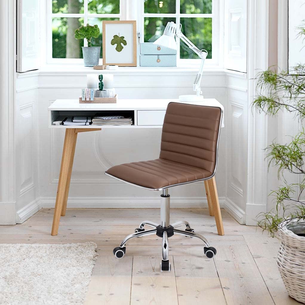 Furmax Mid Back Task Chair - Ergonomic Leather Swivel Office Chair with Ribbed Design, Armless Retro Computer Desk Chair for Home & Office (Brown) - Perfect for Workspaces, Makeup Vanity & Gaming Setups