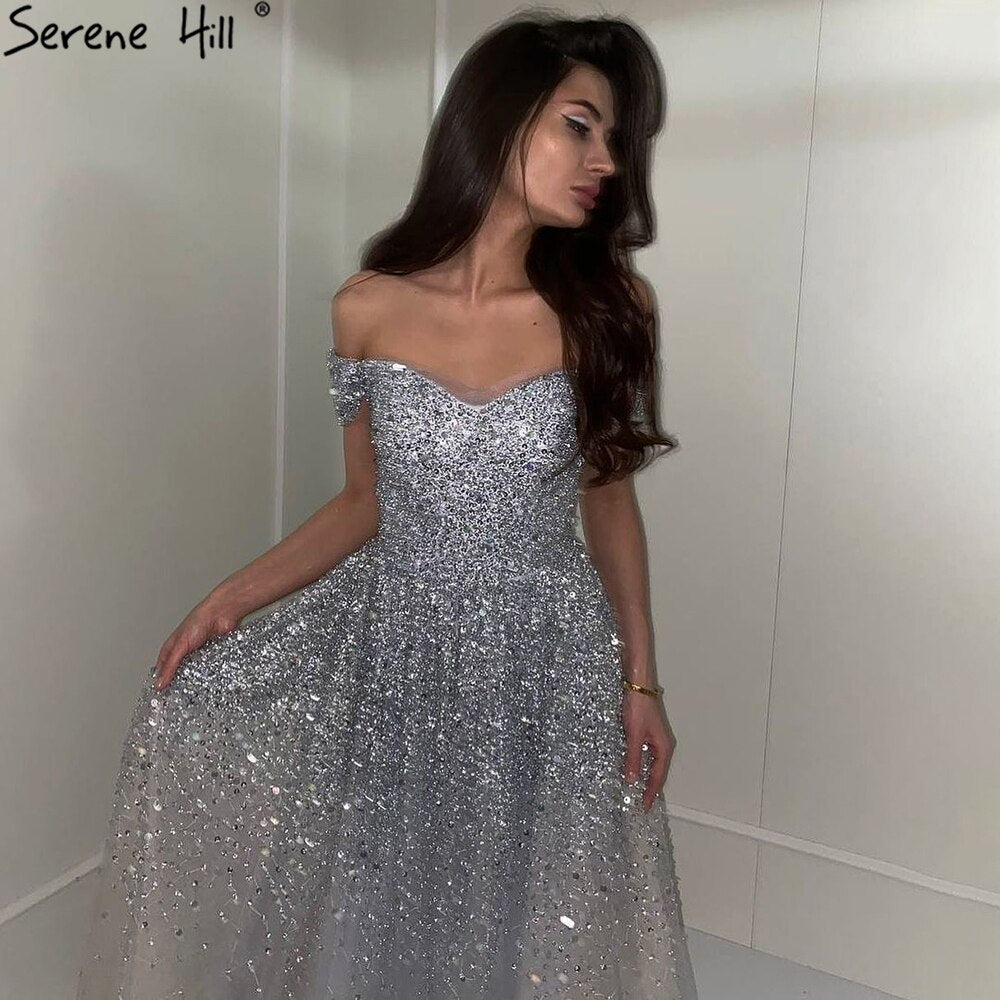 Serene Hill Grey Luxury A-Line Evening Dresses for Women 2025 - Beaded Bling Sexy Gowns for Wedding, Party & Special Occasions - LA71188