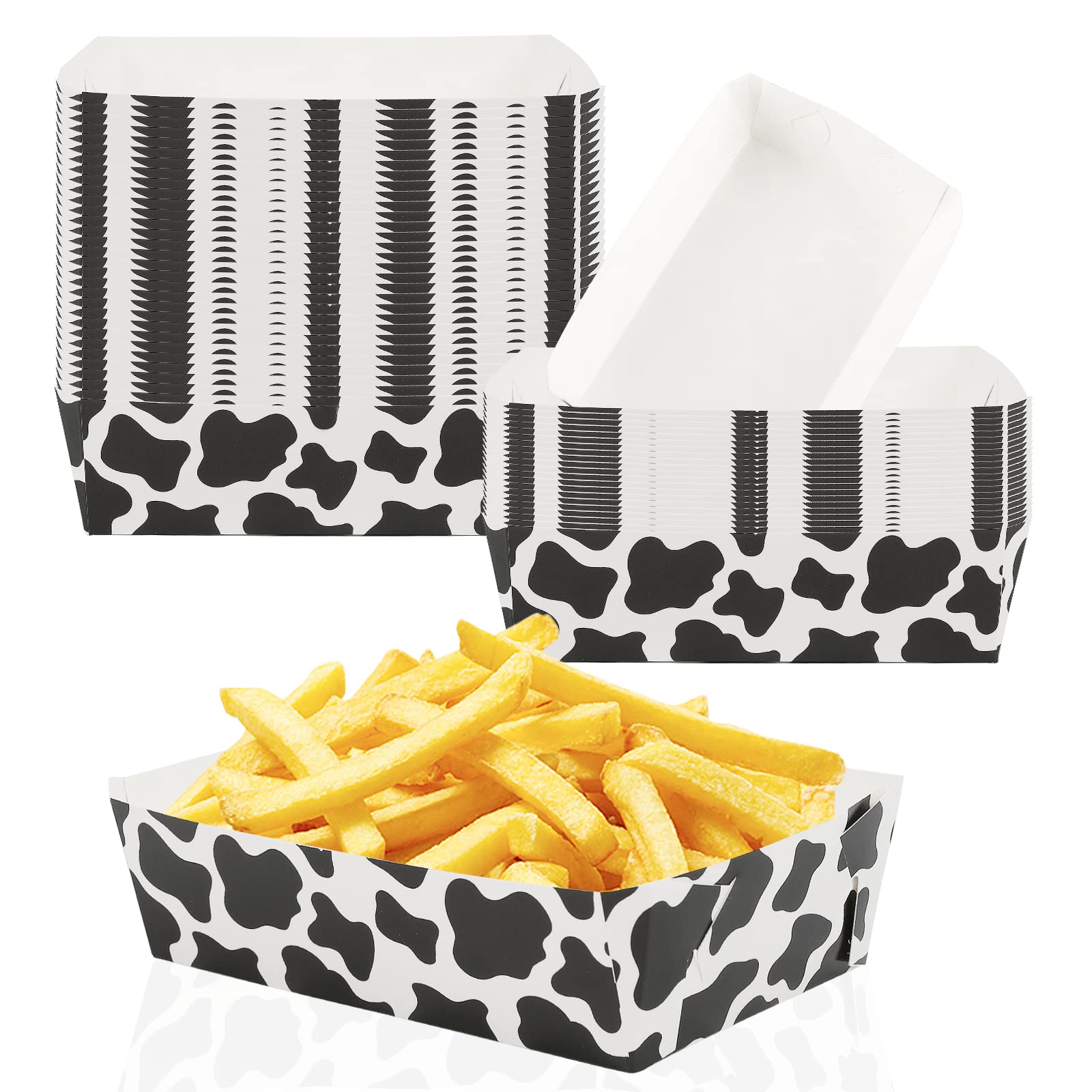 50 Packs Black and White Cow Print Paper Food Trays - Disposable Nacho, Hot Dog & Party Snack Trays for Birthday, BBQ, Picnic & Farm Theme Events