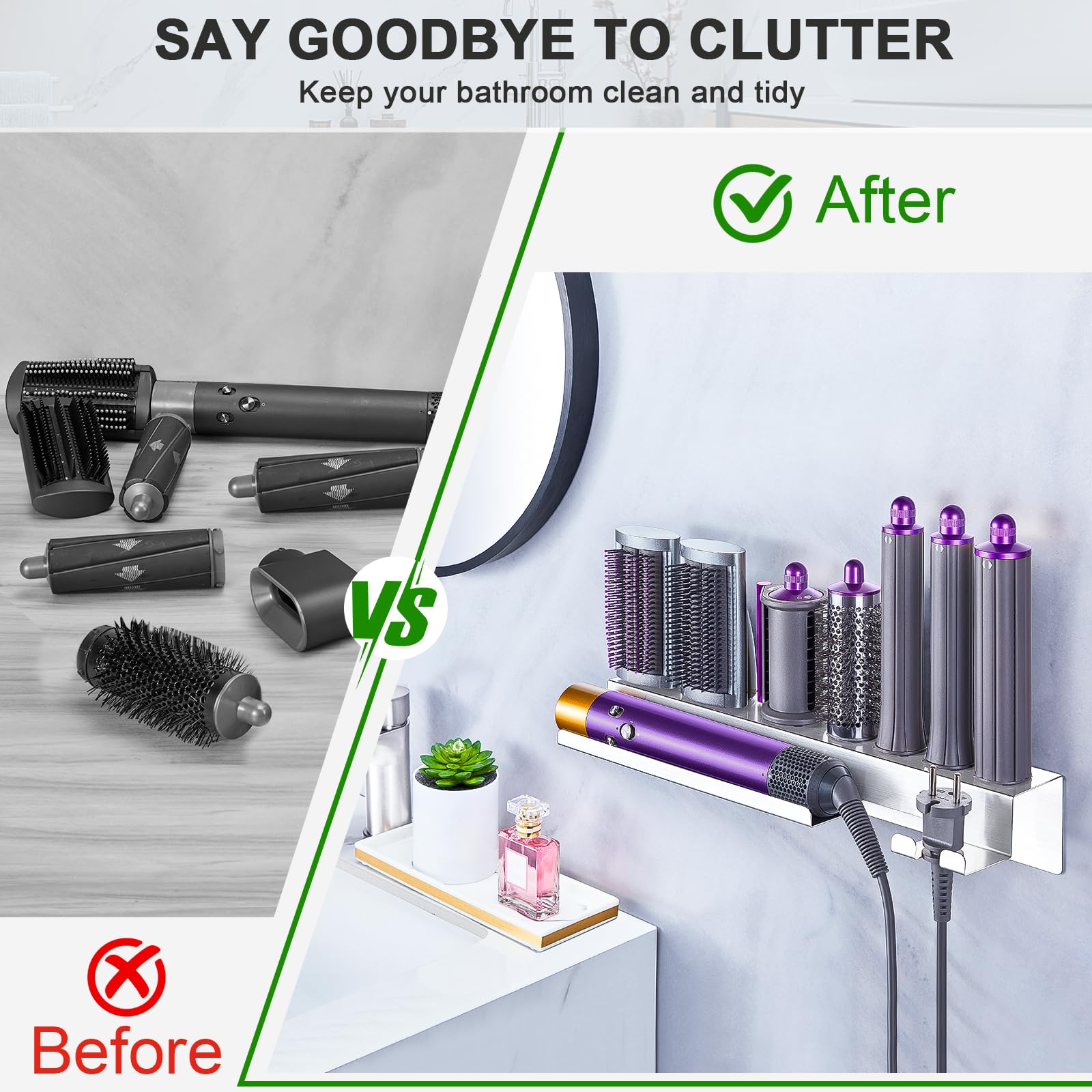 **Wall Mounted Hair Dryer Holder - 7-in-1 Styler & Curling Iron Organizer with Adhesive Backing - Bathroom Storage for Blow Dryers, Straighteners & Hair Tools (Perfect for Small Spaces & Clutter-Free Vanities)**